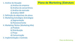 Plano de Marketing |Estrutura
Plano de Marketing
1. Análise da Situação
a) Análise da empresa
b) Análise da concorrência
c) Análise do mercado
d) Análise SWOT
2. Definição do objectivos do plano
3. Marketing Estratégico (Estratégia)
a) Segmentação
b) Posicionamento
4. Marketing Táctico (Marketing-Mix)
a) Produto
b) Distribuição
c) Preço
d) Comunicação
5. Implementação e Controlo
 