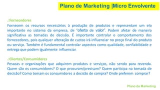 Plano de Marketing |Micro Envolvente
Plano de Marketing
.:Fornecedores
Fornecem os recursos necessários à produção de produtos e representam um elo
importante no sistema da empresa, de “oferta de valor”. Podem afetar de maneira
significativa as tomadas de decisão. É importante controlar o comportamento dos
fornecedores, pois qualquer alteração de custos irá influenciar no preço final do produto
ou serviço. Também é fundamental controlar aspectos como qualidade, confiabilidade e
entrega que podem igualmente influenciar.
.:Clientes/Consumidores
Pessoas e organizações que adquirem produtos e serviços, não sendo para revenda.
Quem são os consumidores? O que procuram/precisam? Quem participa na tomada de
decisão? Como tomam os consumidores a decisão de compra? Onde preferem comprar?
 