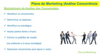 Plano de Marketing |Análise Concorrência
Metodologia de Análise dos Concorrentes:
✓ Identificar os concorrentes
✓ Determinar os objetivos
✓ Identificar as estratégias
✓ Avaliar pontos fortes e fracos
✓ Estimar os padrões de reação
(ao ambiente e à nossa estratégia)
✓ Selecionar concorrentes para atacar e evitar
Plano de Marketing
 