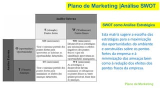 Plano de Marketing |Análise SWOT
SWOT como Análise Estratégica
Esta matriz sugere a escolha das
estratégias para a maximização
das oportunidades do ambiente
e construídas sobre os pontos
fortes da empresa e à
minimização das ameaças bem
como à redução dos efeitos dos
pontos fracos da empresa.
Plano de Marketing
 