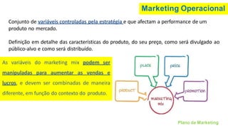 Marketing Operacional
Conjunto de variáveis controladas pela estratégia e que afectam a performance de um
produto no mercado.
Definição em detalhe das características do produto, do seu preço, como será divulgado ao
público-alvo e como será distribuído.
As variáveis do marketing mix podem ser
manipuladas para aumentar as vendas e
lucros, e devem ser combinadas de maneira
diferente, em função do contexto do produto.
Plano de Marketing
 