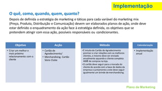 Implementação
Plano de Marketing
O quê, como, quando, quem, quanto?
Depois de definida a estratégia de marketing e táticas para cada variável do marketing mix
(Preço, Produto, Distribuição e Comunicação) devem ser elaborados planos de ação, onde deve
estar definido o enquadramento da ação face à estratégia definida, os objetivos que se
pretendem atingir com essa ação, possíveis responsáveis ou condicionantes.
Objetivo
• Criar um melhor e
mais próximo
relacionamento com o
cliente
Acção
• Cartão de
Agradecimento/
• Merchandising; Cartão
Sócio Clube
Método
•É intuito do Cartão de Agradecimento
premiar e criar relações com os melhores
clientes, o mesmo deve ser enviado
anualmente aquando o cliente completa
400€ de compras na loja.
•O cartão deve seguir para a morada do
cliente de acordo com a base de dados da
empresa e juntamente a este deve seguir
igualmente um brinde demerchandising.
Calendarização
• Implementação
anual
 