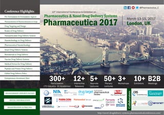 10th
International Conference & Exhibition on
March 13-15, 2017
London, UK
Pharmaceutics & Novel Drug Delivery Systems
Pharmaceutica 2017
Participation
(70 Industry: 30 Academia)
300+ 12+ 5+ 50+ 3+ 10+ B2BInteractive
Sessions
Keynote
Lectures
Plenary
Lectures
Exhibitors MeetingsWorkshops
ConferenceHighlights:
SPONSORSHIP OPPORTUNITIES
REGISTRATION & PRICING
HOTEL INFORMATION
Pre-Formulation & Formulation Aspects
Pharmacokinetics & Pharmacodynamics in Drugs
Drug Targeting and Design
Routes of Drug Delivery
Nanoparticulate Drug Delivery Systems
Nanotechnology in Drug Delivery
Pharmaceutical Nanotechnology
Smart Drug Delivery Systems
Biomaterials in Drug Delivery
Vaccine Drug Delivery Systems
Medical Devices for Drug Delivery
Peptides and Protein Drug Delivery
Global Drug Delivery Policy
Entrepreneurs Investment Meet
http://novel-drugdelivery-systems.pharmaceuticalconferences.com/
@Pharmaceutica_C
Collaborators
 