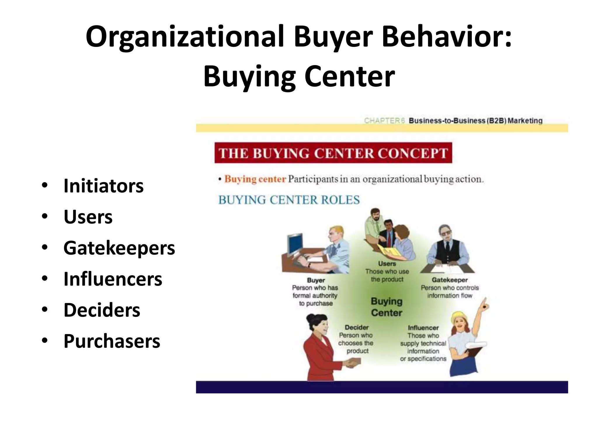 Organizational Buyer Behavior:
Buying Center
• Initiators
• Users
• Gatekeepers
• Influencers
• Deciders
• Purchasers
 