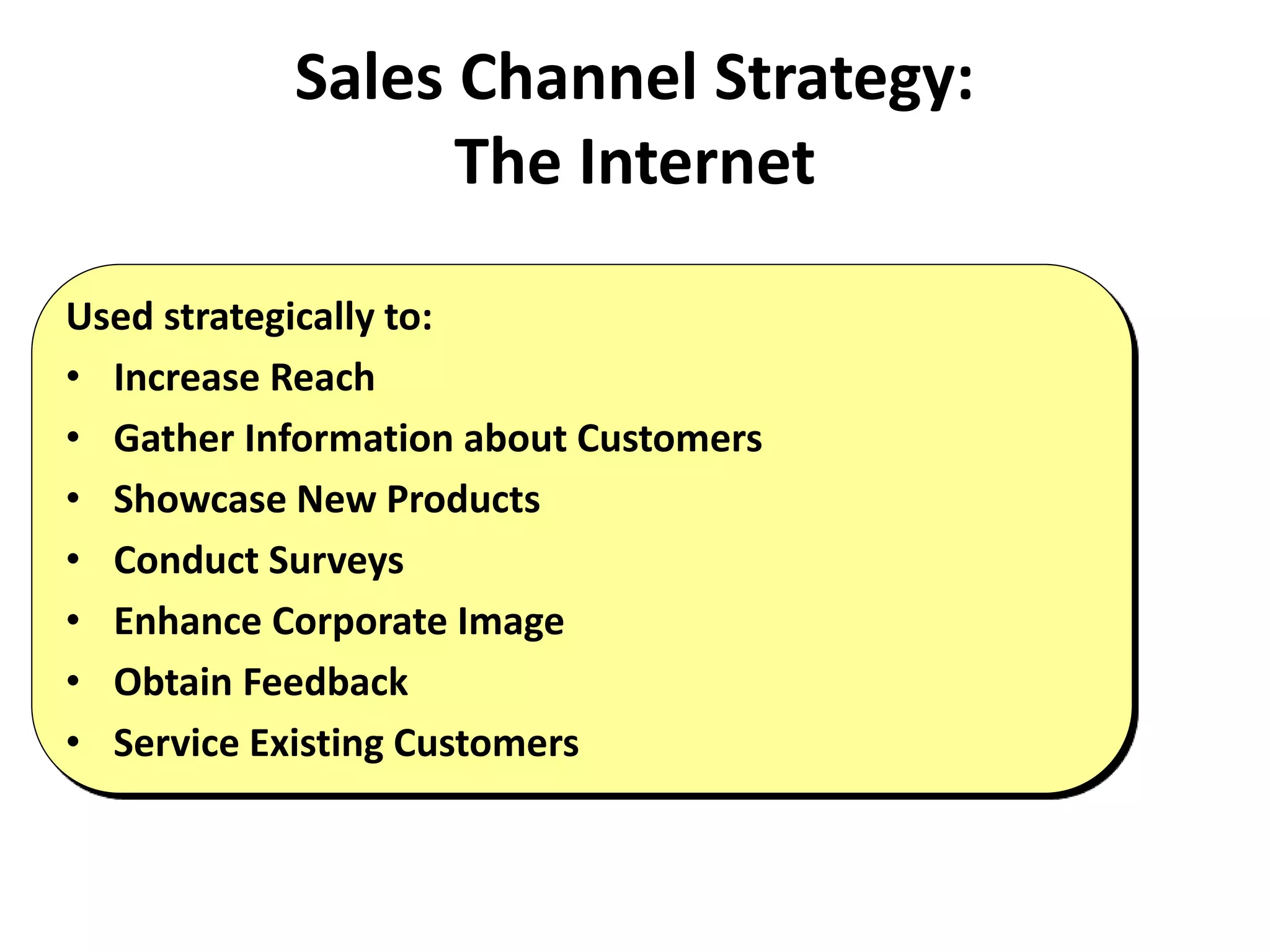 Sales Channel Strategy:
The Internet
Used strategically to:
• Increase Reach
• Gather Information about Customers
• Showcase New Products
• Conduct Surveys
• Enhance Corporate Image
• Obtain Feedback
• Service Existing Customers
 
