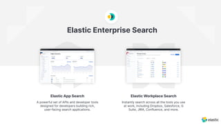 A powerful set of APIs and developer tools
designed for developers building rich,
user-facing search applications.
Elastic App Search
Instantly search across all the tools you use
at work, including Dropbox, Salesforce, G
Suite, JIRA, Confluence, and more.
Elastic Workplace Search
Elastic Enterprise Search
 