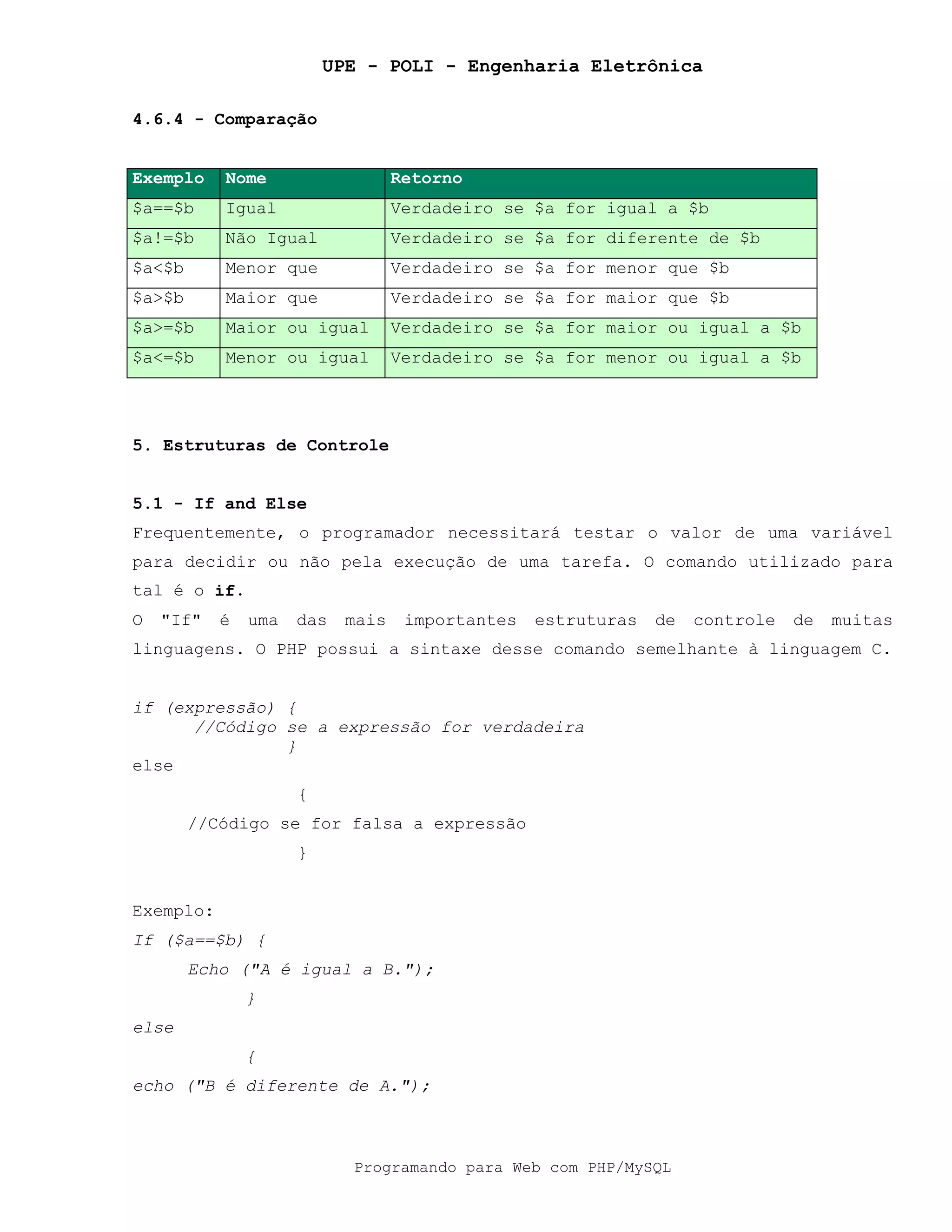 UPE - POLI - Engenharia Eletrônica
Programando para Web com PHP/MySQL
4.6.4 - Comparação
Exemplo Nome Retorno
$a==$b Igual Verdadeiro se $a for igual a $b
$a!=$b Não Igual Verdadeiro se $a for diferente de $b
$a<$b Menor que Verdadeiro se $a for menor que $b
$a>$b Maior que Verdadeiro se $a for maior que $b
$a>=$b Maior ou igual Verdadeiro se $a for maior ou igual a $b
$a<=$b Menor ou igual Verdadeiro se $a for menor ou igual a $b
5. Estruturas de Controle
5.1 - If and Else
Frequentemente, o programador necessitará testar o valor de uma variável
para decidir ou não pela execução de uma tarefa. O comando utilizado para
tal é o if.
O "If" é uma das mais importantes estruturas de controle de muitas
linguagens. O PHP possui a sintaxe desse comando semelhante à linguagem C.
if (expressão) {
//Código se a expressão for verdadeira
}
else
{
//Código se for falsa a expressão
}
Exemplo:
If ($a==$b) {
Echo ("A é igual a B.");
}
else
{
echo ("B é diferente de A.");
 