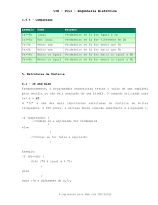 UPE - POLI - Engenharia Eletrônica
Programando para Web com PHP/MySQL
4.6.4 - Comparação
Exemplo Nome Retorno
$a==$b Igual Verdadeiro se $a for igual a $b
$a!=$b Não Igual Verdadeiro se $a for diferente de $b
$a<$b Menor que Verdadeiro se $a for menor que $b
$a>$b Maior que Verdadeiro se $a for maior que $b
$a>=$b Maior ou igual Verdadeiro se $a for maior ou igual a $b
$a<=$b Menor ou igual Verdadeiro se $a for menor ou igual a $b
5. Estruturas de Controle
5.1 - If and Else
Frequentemente, o programador necessitará testar o valor de uma variável
para decidir ou não pela execução de uma tarefa. O comando utilizado para
tal é o if.
O "If" é uma das mais importantes estruturas de controle de muitas
linguagens. O PHP possui a sintaxe desse comando semelhante à linguagem C.
if (expressão) {
//Código se a expressão for verdadeira
}
else
{
//Código se for falsa a expressão
}
Exemplo:
If ($a==$b) {
Echo ("A é igual a B.");
}
else
{
echo ("B é diferente de A.");
 