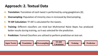 Approach: 2. Textual Data
A. Translation: Translation of each tweet is performed by using googletrans [6].
B. Oversampling: Population of minority class in increased by Oversampling.
C. TF-IDF Calculation: TF-IDF is calculated for the tweets.
D. Training: Different classifiers are tried but Multinomial Naïve Bayes has produced
better results during training, so it was selected for the prediction.
E. Prediction: Trained Classifiers are utilized to perform prediction on test-set.
 