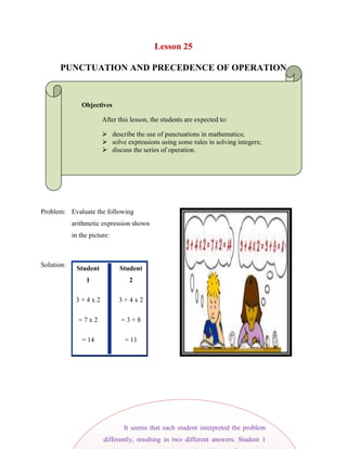 Lesson 25<br />PUNCTUATION AND PRECEDENCE OF OPERATION<br />Objectives<br />After this lesson, the students are expected to:<br />describe the use of punctuations in mathematics;<br />solve expressions using some rules in solving integers;<br />discuss the series of operation.<br />Problem:  Evaluate the following arithmetic expression shown in the picture: Solution:  Student 1   Student 23 + 4 x 23 + 4 x 2= 7 x 2= 3 + 8= 14= 11It seems that each student interpreted the problem differently, resulting in two different answers. Student 1 performed the operation of addition first, then multiplication; whereas student 2 performed multiplication first, then addition. When performing arithmetic operations there can be only one correct answer. We need a set of rules in order to avoid this kind of confusion. Mathematicians have devised a standard order of operations for calculations involving more than one arithmetic operation.Rule 1:   First perform any calculations inside parentheses.Rule 2:   Next perform all multiplications and divisions, working from left to right.Rule 3:   Lastly, perform all additions and subtractions, working from left to right.<br />1282065373126015603355109061The above problem was solved correctly by Student 2 since she followed Rules 2 and 3. Let's look at some examples of solving arithmetic expressions using these rules.<br />Example 1:   Evaluate each expression using the rules for order of operations. Solution:   Order of OperationsExpressionEvaluationOperation6 + 7 x 8= 6 + 7 x 8Multiplication= 6 + 56Addition= 62 16 ÷ 8 - 2= 16 ÷ 8 - 2Division= 2 - 2Subtraction= 0 (25 - 11) x 3= (25 - 11) x 3Parentheses= 14 x 3Multiplication= 42 <br />In Example 1, each problem involved only 2 operations. Let's look at some examples that involve more than two operations.<br />Example 2:  Evaluate 3 + 6 x (5 + 4) ÷ 3 - 7 using the order of operations.Solution:  Step 1:  3 + 6 x (5 + 4) ÷ 3 - 7 = 3 + 6 x 9 ÷ 3 - 7ParenthesesStep 2:  3 + 6 x 9 ÷- 7 = 3 + 54 ÷ 3 - 7MultiplicationStep 3:  3 + 54 ÷ 3 - 7 = 3 + 18 - 7DivisionStep 4:  3 + 18 - 7 = 21 - 7AdditionStep 5:  21 - 7= 14Subtraction<br />Example 3:  Evaluate 9 - 5 ÷ (8 - 3) x 2 + 6 using the order of operations.Solution:  Step 1:    9 - 5 ÷ (8 - 3) x 2 + 6 = 9 - 5 ÷ 5 x 2 + 6ParenthesesStep 2:  9 - 5 ÷ 5 x 2 + 6 = 9 - 1 x 2 + 6DivisionStep 3:  9 - 1 x 2 + 6 = 9 - 2 + 6MultiplicationStep 4:  9 - 2 + 6 = 7 + 6SubtractionStep 5:  7 + 6 = 13Addition<br />In Examples 2 and 3, you will notice that multiplication and division were evaluated from left to right according to Rule 2. Similarly, addition and subtraction were evaluated from left to right, according to Rule 3.<br />When two or more operations occur inside a set of parentheses, these operations should be evaluated according to Rules 2 and 3. This is done in Example 4 below.<br />Example 4:  Evaluate 150 ÷ (6 + 3 x 8) - 5 using the order of operations.Solution:  Step 1:  150 ÷ (6 + 3 x 8) - 5 = 150 ÷ (6 + 24) - 5Multiplication inside ParenthesesStep 2:  150 ÷ (6 + 24) - 5 = 150 ÷ 30 - 5Addition inside ParenthesesStep 3:  150 ÷ 30 - 5 = 5 - 5DivisionStep 4:  5 - 5 = 0Subtraction<br />Example 5:  Evaluate the arithmetic expression below: Solution:   This problem includes a fraction bar (also called a vinculum), which means we must divide the numerator by the denominator. However, we must first perform all calculations above and below the fraction bar BEFORE dividing.  Thus Evaluating this expression, we get: <br />Example 6:   Write an arithmetic expression for this problem. Then evaluate the expression using the order of operations.  Mr. Smith charged Jill $32 for parts and $15 per hour for labor to repair her bicycle. If he spent 3 hours repairing her bike, how much does Jill owe him? Solution:  32 + 3 x 15   =   32 + 3 x 15    =   32 + 45 =   77  Jill owes Mr. Smith $77. <br />,[object Object],-513470-99939<br />WORKSHEET NO. 25<br />NAME: ___________________________________DATE: _____________ <br />YEAR & SECTION: ________________________RATING: ___________<br />Try to solve the following then explain.<br />Solution<br />109918504635543+5786-57=______________<br />(6754-65+64)(7)=___________<br />78÷39+5-65=______________<br />-4221798200026234x3-56+8=______________<br />(136-56+65)÷5=____________<br />343-65=___________________<br />1234+(-87)x8=______________<br />84-8+54(6)= _______________<br />4638-870=_________________<br />543+(-8)+(-78)(8)= __________<br />