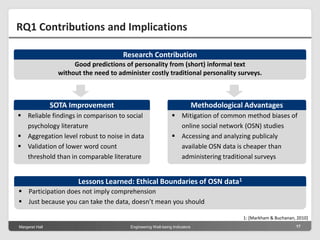 Margeret Hall Engineering Well-being Indicators 17
Good predictions of personality from (short) informal text
without the need to administer costly traditional personality surveys.
Research Contribution
RQ1 Contributions and Implications
 Participation does not imply comprehension
 Just because you can take the data, doesn’t mean you should
Lessons Learned: Ethical Boundaries of OSN data1
 Reliable findings in comparison to social
psychology literature
 Aggregation level robust to noise in data
 Validation of lower word count
threshold than in comparable literature
SOTA Improvement
 Mitigation of common method biases of
online social network (OSN) studies
 Accessing and analyzing publicaly
available OSN data is cheaper than
administering traditional surveys
Methodological Advantages
1: [Markham & Buchanan, 2010]
 