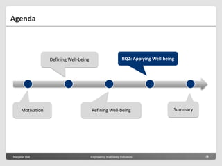 Margeret Hall Engineering Well-being Indicators 18
Motivation
Defining Well-being
Refining Well-being Summary
RQ2: Applying Well-being
Agenda
 