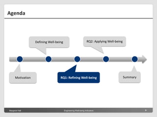 Margeret Hall Engineering Well-being Indicators 9
Motivation
Defining Well-being
RQ1: Refining Well-being Summary
RQ2: Applying Well-being
Agenda
 