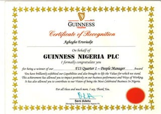 People Manage Award certificate of Recognition