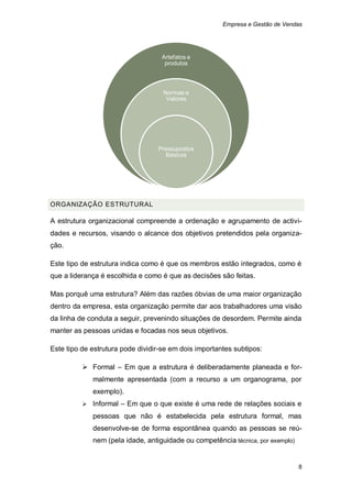 Empresa e Gestão de Vendas




                                   Artefatos e
                                    produtos



                                    Normas e
                                     Valores




                                  Pressupostos
                                    Básicos




ORGANIZAÇÃO ESTRUTURAL

A estrutura organizacional compreende a ordenação e agrupamento de activi-
dades e recursos, visando o alcance dos objetivos pretendidos pela organiza-
ção.

Este tipo de estrutura indica como é que os membros estão integrados, como é
que a liderança é escolhida e como é que as decisões são feitas.

Mas porquê uma estrutura? Além das razões óbvias de uma maior organização
dentro da empresa, esta organização permite dar aos trabalhadores uma visão
da linha de conduta a seguir, prevenindo situações de desordem. Permite ainda
manter as pessoas unidas e focadas nos seus objetivos.

Este tipo de estrutura pode dividir-se em dois importantes subtipos:

           Formal – Em que a estrutura é deliberadamente planeada e for-
             malmente apresentada (com a recurso a um organograma, por
             exemplo).
           Informal – Em que o que existe é uma rede de relações sociais e

             pessoas que não é estabelecida pela estrutura formal, mas
             desenvolve-se de forma espontânea quando as pessoas se reú-
             nem (pela idade, antiguidade ou competência técnica, por exemplo)


                                                                                 8
 