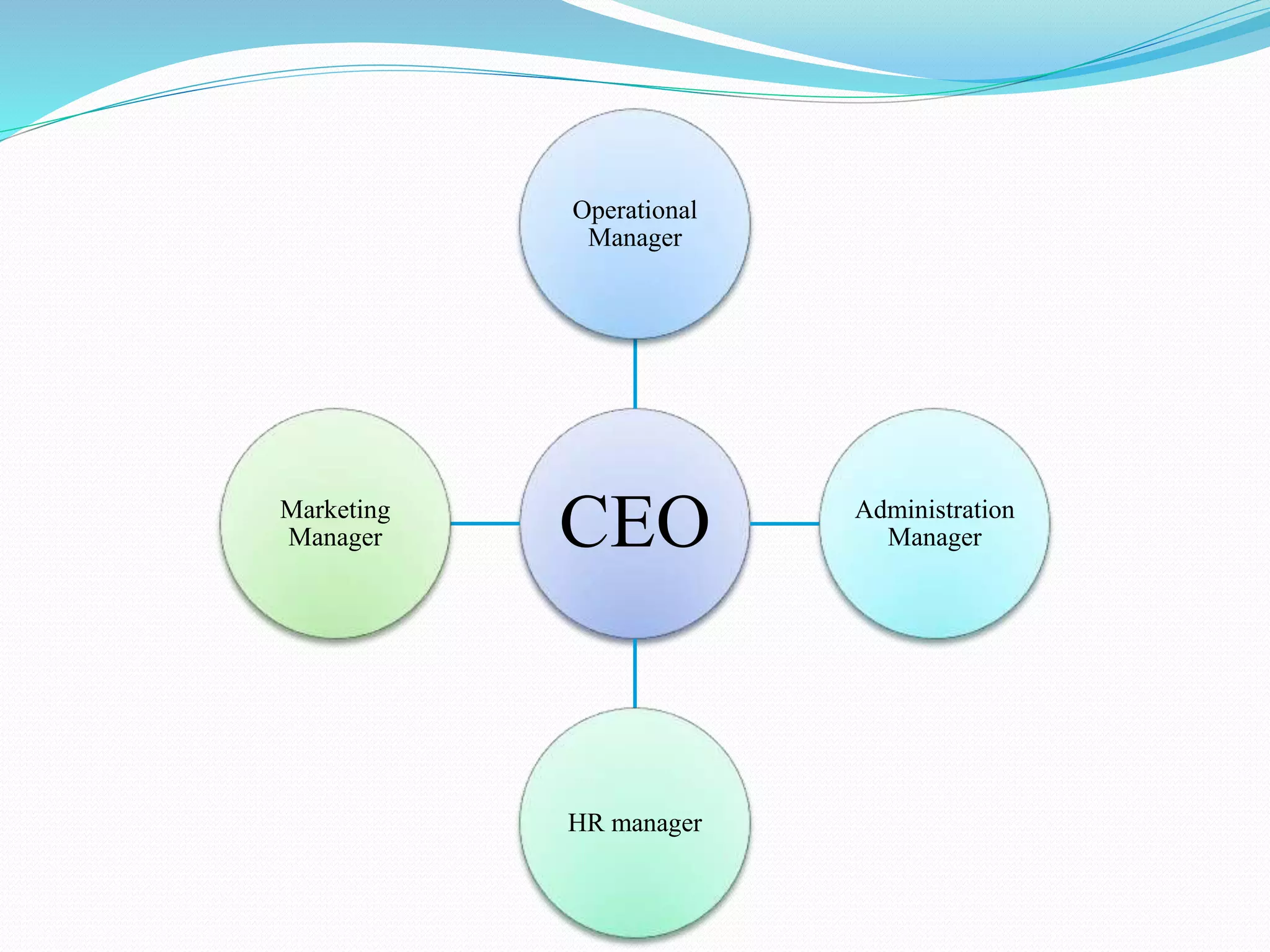 CEO
Operational
Manager
Administration
Manager
HR manager
Marketing
Manager
 