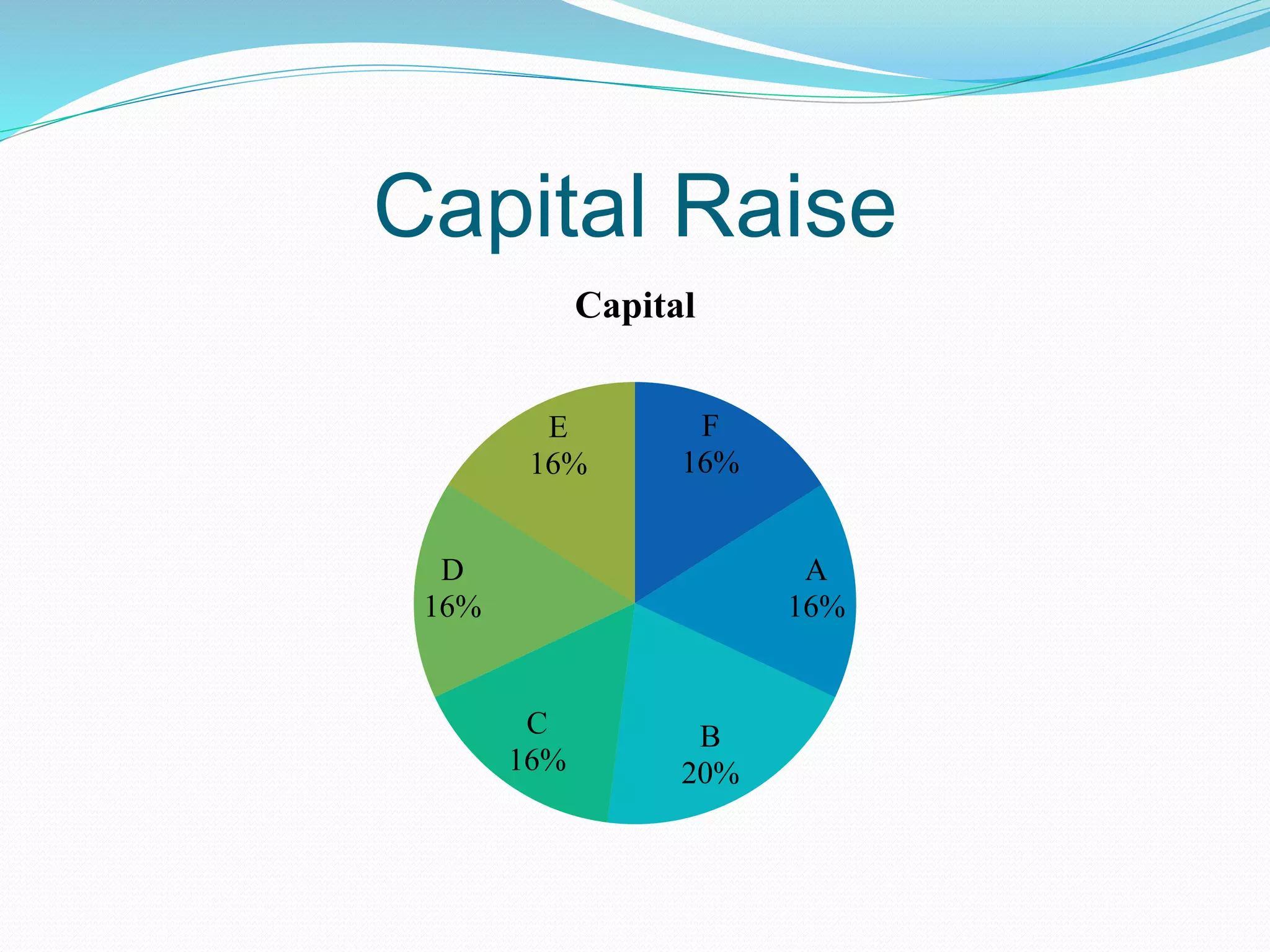 Capital Raise
F
16%
A
16%
B
20%
C
16%
D
16%
E
16%
Capital
 