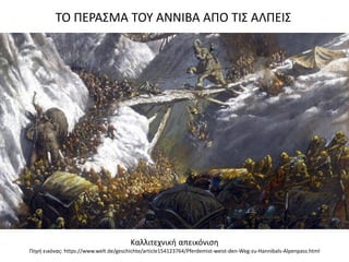 Καλλιτεχνική απεικόνιση
Πηγή εικόνας: https://www.welt.de/geschichte/article154123764/Pferdemist-weist-den-Weg-zu-Hannibals-Alpenpass.html
ΤΟ ΠΕΡΑΣΜΑ ΤΟΥ ΑΝΝΙΒΑ ΑΠΟ ΤΙΣ ΑΛΠΕΙΣ
 