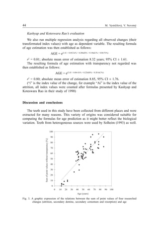 44 M. Vystrèilová, V. Novotný
Kashyap and Koteswara Rao’s evaluation
We also run multiple regression analysis regarding all observed changes (their
transformated index values) with age as dependent variable. The resulting formula
of age estimation was then established as follows:
AGE = e(2.41 + 0.04ÖAi% + 0.20lnDi% + 0.18lnCi% + 0.06ÖTi%)
r2
= 0.81; absolute mean error of estimation 8.32 years; 95% CI ± 1.61.
The resulting formula of age estimation with transparency not regarded was
then established as follows:
AGE = e(2.43 + 0.06ÖAi% + 0.22lnDi% + 0.20 lnCi%)
r2
= 0.80; absolute mean error of estimation 8.85, 95% CI ± 1.76.
(“i” is the index value of the change, for example “Ai” is the index value of the
attrition, all index values were counted after formulas presented by Kashyap and
Koteswara Rao in their study of 1990)
Discussion and conclusions
The teeth used in this study have been collected from different places and were
extracted for many reasons. This variety of origins was considered suitable for
computing the formulas for age prediction as it might better reflect the biological
variation. Teeth from heterogeneous sources were used by Solheim (1993) as well.
Fig. 3. A graphic expression of the relations between the sum of point values of four researched
changes (attrition, secondary dentine, secondary cementum and resorption) and age
0
10
20
30
40
50
60
70
80
90
100
0 10 20 30 40 50 60 70 80 90 100
Age (years)
Sumofpointvalueswithouttransparency[%]
 