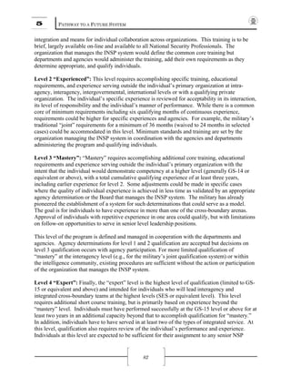5 PATHWAY TO A FUTURE SYSTEM
82
integration and means for individual collaboration across organizations. This training is to be
brief, largely available on-line and available to all National Security Professionals. The
organization that manages the INSP system would define the common core training but
departments and agencies would administer the training, add their own requirements as they
determine appropriate, and qualify individuals.
Level 2 “Experienced”: This level requires accomplishing specific training, educational
requirements, and experience serving outside the individual’s primary organization at intra-
agency, interagency, intergovernmental, international levels or with a qualifying private
organization. The individual’s specific experience is reviewed for acceptability in its interaction,
its level of responsibility and the individual’s manner of performance. While there is a common
core of minimum requirements including six qualifying months of continuous experience,
requirements could be higher for specific experiences and agencies. For example, the military’s
traditional “joint” requirements for a minimum of 36 months (waived to 24 months in selected
cases) could be accommodated in this level. Minimum standards and training are set by the
organization managing the INSP system in coordination with the agencies and departments
administering the program and qualifying individuals.
Level 3 “Mastery”: “Mastery” requires accomplishing additional core training, educational
requirements and experience serving outside the individual’s primary organization with the
intent that the individual would demonstrate competency at a higher level (generally GS-14 or
equivalent or above), with a total cumulative qualifying experience of at least three years,
including earlier experience for level 2. Some adjustments could be made in specific cases
where the quality of individual experience is achieved in less time as validated by an appropriate
agency determination or the Board that manages the INSP system. The military has already
pioneered the establishment of a system for such determinations that could serve as a model.
The goal is for individuals to have experience in more than one of the cross-boundary arenas.
Approval of individuals with repetitive experience in one area could qualify, but with limitations
on follow-on opportunities to serve in senior level leadership positions.
This level of the program is defined and managed in cooperation with the departments and
agencies. Agency determinations for level 1 and 2 qualification are accepted but decisions on
level 3 qualification occurs with agency participation. For more limited qualification of
“mastery” at the interagency level (e.g., for the military’s joint qualification system) or within
the intelligence community, existing procedures are sufficient without the action or participation
of the organization that manages the INSP system.
Level 4 “Expert”: Finally, the “expert” level is the highest level of qualification (limited to GS-
15 or equivalent and above) and intended for individuals who will lead interagency and
integrated cross-boundary teams at the highest levels (SES or equivalent level). This level
requires additional short course training, but is primarily based on experience beyond the
“mastery” level. Individuals must have performed successfully at the GS-15 level or above for at
least two years in an additional capacity beyond that to accomplish qualification for “mastery.”
In addition, individuals have to have served in at least two of the types of integrated service. At
this level, qualification also requires review of the individual’s performance and experience.
Individuals at this level are expected to be sufficient for their assignment to any senior NSP
 