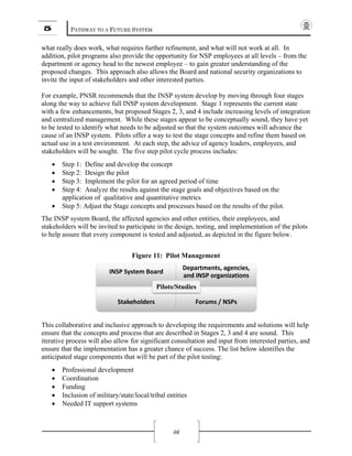 5
what real
addition,
departme
proposed
invite the
For exam
along the
with a few
and centr
to be test
cause of
actual us
stakehold
• S
• S
• S
• S
ap
• S
The INSP
stakehold
to help as
This coll
ensure th
iterative
ensure th
anticipate
• P
• C
• F
• In
• N
PATHWAY T
lly does wor
pilot progra
ent or agency
d changes. T
e input of sta
mple, PNSR r
e way to ach
w enhancem
ralized mana
ted to identif
an INSP sys
e in a test en
ders will be
tep 1: Defin
tep 2: Desig
tep 3: Imple
tep 4: Analy
pplication of
tep 5: Adjus
P system Bo
ders will be i
ssure that ev
aborative an
hat the conce
process will
hat the imple
ed stage com
rofessional d
Coordination
unding
nclusion of m
Needed IT su
TO A FUTURE
rk, what requ
ams also pro
y head to the
This approac
akeholders a
recommends
ieve full INS
ments, but pro
agement. W
fy what need
stem. Pilots
nvironment.
sought. The
ne and devel
gn the pilot
ement the pi
yze the resul
f qualitative
st the Stage c
oard, the affe
invited to pa
very compon
nd inclusive
epts and proc
l also allow f
ementation h
mponents tha
developmen
military/state
upport system
INSP Sys
Stake
SYSTEM
uires further
vide the opp
e newest emp
h also allow
and other inte
s that the IN
SP system de
oposed Stag
While these st
ds to be adju
offer a way
At each ste
e five step pi
lop the conce
ilot for an ag
lts against th
e and quantit
concepts and
ected agencie
articipate in t
nent is tested
Figure 11:
approach to
cess that are
for significan
has a greater
at will be par
nt
e/local/tribal
ms
stem Board
eholders
Pil
86
refinement,
portunity for
ployee – to g
ws the Board
erested parti
NSP system d
evelopment.
ges 2, 3, and
tages appear
usted so that
to test the st
p, the advice
ilot cycle pro
ept
greed period
he stage goal
tative metric
d processes b
es and other
the design, t
d and adjuste
Pilot Mana
developing
described in
nt consultati
chance of su
rt of the pilo
l entities
Depa
and I
F
ots/Studies
and what w
r NSP emplo
gain greater
and nationa
es.
develop by m
. Stage 1 rep
4 include in
to be concep
the system o
tage concept
e of agency l
ocess includ
of time
ls and object
cs
based on the
entities, the
testing, and i
ed, as depicte
agement
the requirem
n Stages 2, 3
ion and inpu
uccess. The l
ot testing:
rtments, ag
NSP organiz
Forums / NS
will not work
oyees at all le
understandi
al security or
moving throu
presents the
creasing lev
ptually soun
outcomes wi
ts and refine
leaders, emp
es:
tives based o
e results of th
eir employee
implementat
ed in the figu
ments and so
3 and 4 are so
ut from intere
list below id
encies, 
zations
SPs
at all. In
evels – from
ing of the
rganizations
ugh four stag
current state
vels of integr
nd, they have
ill advance th
e them based
ployees, and
on the
he pilot.
es, and
tion of the pi
ure below.
olutions will
ound. This
ested parties
dentifies the
m the
to
ges
e
ration
e yet
he
d on
ilots
help
s, and
 