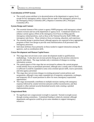 5 PATHWAY TO A FUTURE SYSTEM
92
Centralization of INSP System:
• The overall system attribute is its decentralization at the department or agency level,
except for key interagency policy choices that are made in the interagency process (e.g.
the Interagency Policy Committee (IPC), Deputies Committee (DC), Principals
Committee (PC).
System Design and Content:
• The essential element of this system is agency NSPD programs with interagency related
content overseen and run at the department or agency level. Centralized initiatives to
enhance current agency efforts at the interagency level focus on filling specific
interagency related positions, such as those at the National Security Staff, OMB, and
interagency task forces. These initiatives focus on training, education, and experience.
• The essential design is position based, although agencies are expected to have appropriate
programs of their own design to provide some familiarization of all personnel with
interagency processes.
• Individual attributes focus primarily on those needed to support interaction among the
agencies, such as coordination skills.
Career Development and Human Capital Issues:
• This stage does not envision a new career development model or qualifications
methodology. It also does not envision priority being given for position selection to
specific individuals. The stage includes only a minimum of changes to existing
information systems.
• The central aspects of this stage that are envisioned to enhance the current program
would initially focus on permanent personnel, although once a steady state of individuals
is sufficient it could be expanded to some crisis-oriented special staffs, reserve personnel,
and intra-agency personnel.
• This stage does not envision changes in existing personnel system policies and
assignments, although it may make expanded use of temporary assignments, exchanges,
and temporary fill of vacant positions to allow for more interagency experiential
opportunities.
• This stage incrementally contributes to multiple missions starting with emergency
response followed by counter-terrorism and post-conflict reconstruction, and then
expands to other national security/homeland security tasks creating a spiraled
implementation process.
Congressional Role:
• No significant new congressional oversight is expected. Normal oversight occurs
through existing committees. Centralized funding is relatively minimal, although
departments and agencies could be given some mandates to support interagency
initiatives.
 