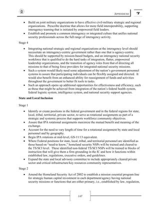 APPENDICES 7
147
• Build on joint military organizations to have effective civil-military strategic and regional
organizations. Prescribe doctrine that allows for more field interoperability, supporting
interagency teaming that is initiated by empowered field leaders.
• Establish and promote a common interagency or integrated culture that unifies national
security professionals across the full range of interagency activity.
Stage 4
• Integrating national strategic and regional organizations at the interagency level should
necessitate an interagency-centric government rather than one that is agency-centric.
This should be supported by mission-based budgets, and an interagency national security
workforce that is qualified to do the hard tasks of integration, flatter, empowered
leadership organizations, and the transition of agency roles from that of directing all
missions to that of being force providers for integrated national security missions.
• Such a system would likely need some adjustment of the nation’s government personnel
systems to assure that participating individuals can be flexibly assigned and directed. It
would also benefit from an enhanced ability for reassignment of funds and activities
throughout the government to better fit tools to tasks.
• Such an approach opens up additional opportunities for effectiveness and efficiency, such
as those that might be achieved from integration of the nation’s federal health system,
federal logistic system, intelligence system, and national security support agencies.
State and Local Inclusion
Stage 1
• Identify or create positions in the federal government and in the federal regions for state,
local, tribal, territorial, private sector, to serve as rotational assignments as part of a
strategic and systemic process that supports workforce community objectives.
• Assure that IPA rotational assignments maximize the mutual benefit and meaning of the
exchange.
• Account for the need to vary length of time for a rotational assignment by state and local
personnel and by geography.
• Begin IPA rotations at mid-level, GS-11/13 equivalent.
• Where Federal positions for state, local, tribal, and territorial personnel are identified as
those based on “need to know,” homeland security NSPs will be trained and cleared to
the TS/SCI level. These identified non-federal TS/SCI NSPs will be trained in blocks of
instruction that will give them a firm grounding in the IC and how it functions within
established law, regulations, executive orders, and guidelines.
• Expand the state and local advisory committee to include appropriately cleared private
sector and critical infrastructure/key resources community representatives.
Stage 2
• Amend the Homeland Security Act of 2002 to establish a mission essential program line
for strategic human capital investment in each department/agency having national
security missions or functions that are either primary, i.e., established by law, regulation,
 