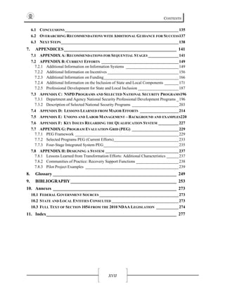 CONTENTS
XVII
6.1  CONCLUSIONS________________________________________________________135 
6.2  OVERARCHING RECOMMENDATIONS WITH ADDITIONAL GUIDANCE FOR SUCCESS137 
6.3  NEXT STEPS__________________________________________________________138 
7.  APPENDICES___________________________________________________ 141 
7.1  APPENDIX A: RECOMMENDATIONS FOR SEQUENTIAL STAGES _______________141 
7.2  APPENDIX B: CURRENT EFFORTS ______________________________________149 
7.2.1  Additional Information on Information Systems __________________________149 
7.2.2  Additional Information on Incentives ___________________________________156 
7.2.3  Additional Information on Funding_____________________________________166 
7.2.4  Additional Information on the Inclusion of State and Local Components _______171 
7.2.5  Professional Development for State and Local Inclusion ____________________187 
7.3  APPENDIX C: NSPD PROGRAMS AND SELECTED NATIONAL SECURITY PROGRAMS196 
7.3.1  Department and Agency National Security Professional Development Programs _196 
7.3.2  Description of Selected National Security Programs _______________________203 
7.4  APPENDIX D: LESSONS LEARNED FROM MAJOR EFFORTS ___________________214 
7.5  APPENDIX E: UNIONS AND LABOR MANAGEMENT – BACKGROUND AND EXAMPLES220 
7.6  APPENDIX F: KEY ISSUES REGARDING THE QUALIFICATION SYSTEM __________227 
7.7  APPENDIX G: PROGRAM EVALUATION GRID (PEG) _______________________229 
7.7.1  PEG Framework ___________________________________________________229 
7.7.2  Selected Programs PEG (Current Efforts)________________________________233 
7.7.3  Four-Stage Integrated System PEG_____________________________________235 
7.8  APPENDIX H: DESIGNING A SYSTEM ____________________________________237 
7.8.1  Lessons Learned from Transformation Efforts: Additional Characteristics ______237 
7.8.2  Communities of Practice: Recovery Support Functions _____________________238 
7.8.3  Pilot Project Examples ______________________________________________239 
8.  Glossary ________________________________________________________ 249 
9.  BIBLIOGRAPHY________________________________________________ 253 
10.  Annexes ________________________________________________________ 273 
10.1  FEDERAL GOVERNMENT SOURCES _______________________________________273 
10.2  STATE AND LOCAL ENTITIES CONSULTED _________________________________273 
10.3  FULL TEXT OF SECTION 1054 FROM THE 2010 NDAA LEGISLATION ___________274 
11.  Index___________________________________________________________ 277 
 