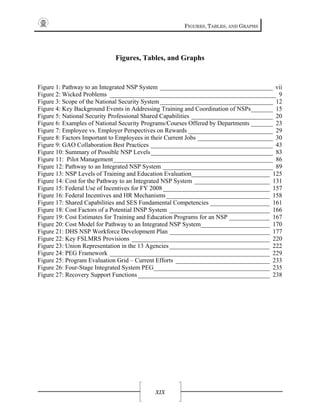 FIGURES, TABLES, AND GRAPHS
XIX
Figures, Tables, and Graphs
Figure 1: Pathway to an Integrated NSP System ____________________________________ vii 
Figure 2: Wicked Problems _____________________________________________________ 9 
Figure 3: Scope of the National Security System____________________________________ 12 
Figure 4: Key Background Events in Addressing Training and Coordination of NSPs_______ 15 
Figure 5: National Security Professional Shared Capabilities __________________________ 20 
Figure 6: Examples of National Security Programs/Courses Offered by Departments _______ 23 
Figure 7: Employee vs. Employer Perspectives on Rewards ___________________________ 29 
Figure 8: Factors Important to Employees in their Current Jobs ________________________ 30 
Figure 9: GAO Collaboration Best Practices _______________________________________ 43 
Figure 10: Summary of Possible NSP Levels_______________________________________ 83 
Figure 11: Pilot Management___________________________________________________ 86 
Figure 12: Pathway to an Integrated NSP System ___________________________________ 89 
Figure 13: NSP Levels of Training and Education Evaluation_________________________ 125 
Figure 14: Cost for the Pathway to an Integrated NSP System ________________________ 131 
Figure 15: Federal Use of Incentives for FY 2008 __________________________________ 157 
Figure 16: Federal Incentives and HR Mechanisms_________________________________ 158 
Figure 17: Shared Capabilities and SES Fundamental Competencies ___________________ 161 
Figure 18: Cost Factors of a Potential INSP System ________________________________ 166 
Figure 19: Cost Estimates for Training and Education Programs for an NSP _____________ 167 
Figure 20: Cost Model for Pathway to an Integrated NSP System______________________ 170 
Figure 21: DHS NSP Workforce Development Plan ________________________________ 177 
Figure 22: Key FSLMRS Provisions ____________________________________________ 220 
Figure 23: Union Representation in the 13 Agencies________________________________ 222 
Figure 24: PEG Framework ___________________________________________________ 229 
Figure 25: Program Evaluation Grid – Current Efforts ______________________________ 233 
Figure 26: Four-Stage Integrated System PEG_____________________________________ 235 
Figure 27: Recovery Support Functions __________________________________________ 238 
 