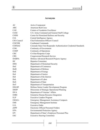 ACRONYMS
XXI
Acronyms
AC Active Component
ARC American Red Cross
CAE Centers of Academic Excellence
CGSC U.S. Army Command and General Staff College
CHDS Center for Homeland Defense and Security
CIA Central Intelligence Agency
CIO Council Chief Information Officers Council
COCOM Combatant Commands
COFRAC Colorado State First Responder Authentication Credential Standards
COG Continuity of Government
COOP Continuity of Operations
CRC Civilian Response Corps
CRS Congressional Research Service
DARPA Defense Advanced Research Projects Agency
DC Deputies Committee
DHS Department of Homeland Security
DoC Department of Commerce
DoD Department of Defense
DoE Department of Energy
DoJ Department of Justice
DoI Department of the Interior
DoL Department of Labor
DoS Department of State
DoT Department of Transportation
DSLDP Defense Senior Leader Development Program
DSOP Directorate of Strategic Operational Planning
DVA Department of Veterans’ Affairs
EHRI Enterprise Human Resource Integration
ELP Executive Leaders Program
EMACs Emergency Management Assistance Compacts
EMI Emergency Management Institute
E.O. Executive Order
eOPF Electronic Official Personnel Folders
EPA Environmental Protection Agency
EP+ Department of State’s Employee Personnel Plus
ESC Executive Steering Committee
 