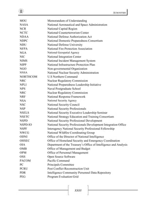 ACRONYMS
XXIII
MOU Memorandum of Understanding
NASA National Aeronautical and Space Administration
NCR National Capital Region
NCTC National Counterterrorism Center
NDAA National Defense Authorization Act
NDPC National Domestic Preparedness Consortium
NDU National Defense University
NFPA National Fire Protection Association
NGA National Geospatial Agency
NIC National Integration Center
NIMS National Incident Management System
NIPP National Infrastructure Protection Plan
NGO Non-governmental Organization
NNSA National Nuclear Security Administration
NORTHCOM U.S Northern Command
NRC Nuclear Regulatory Commission
NPLI National Preparedness Leadership Initiative
NPS Naval Postgraduate School
NRC Nuclear Regulatory Commission
NRF National Response Framework
NSA National Security Agency
NSC National Security Council
NSP National Security Professionals
NSELS National Security Executive Leadership Seminar
NSETC National Strategy Education and Training Consortium
NSPD National Security Professional Development
NSPD-IO National Security Professionals Development Integration Office
NSPF Interagency National Security Professional Fellowship
NWCG National Wildfire Coordinating Group
ODNI Office of the Director of National Intelligence
OHSEC Office of Homeland Security and Emergency Coordination
OIA Department of the Treasury’s Office of Intelligence and Analysis
OMB Office of Management and Budget
OPM Office of Personnel Management
OSS Open Source Software
PACOM Pacific Command
PC Principals Committee
PCRU Post Conflict Reconstruction Unit
PDR Intelligence Community Personnel Data Repository
PEG Program Evaluation Grid
 