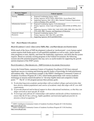 APPENDICES 7
239
Recovery Support
Function
Federal Agencies
Housing • Proposed Coordinating Agency: HUD
• Primary Agencies: HUD, USDA, DHS/FEMA, Access Board, DoJ
• Supporting Agencies: DoC, DVA, SBA, National Voluntary Organizations
Active in Disaster, EPA, and HHS
Infrastructure Systems • Proposed Coordinating Agency: To be determined.
• Primary Agencies: Army Corps of Engineers, DHS (FEMA & NPPD), DoT,
DoE
• Supporting Agencies: USDA, DoC, DoD, HUD, HHS, DHS, EPA, DoI, FCC,
TVA, GSA, NRC, Treasury, and Department of Education
Natural & Cultural
Resources
• Proposed Coordinating Agency: DoI
• Primary Agencies: DoC, DoI, EPA, and USDA
• Supporting Agencies: HUD and DHS/FEMA
7.8.3 PILOT PROJECT EXAMPLES
PILOT EXAMPLES 1 AND 2: EDUCATING NSPS: PRE- AND POST-GRADUATE INSTITUTIONS
While much of the focus of NSP development is placed on ‘professionals’, every human capital
system requires both feeder pools of well-qualified candidates as well as early- and/or lateral-
entry programs to train, identify, and foster the leadership, experiences, and skills that the system
requires. Based on currently existing programs in the Federal Government, the following
sections describe potential programs that may serve as useful models for supporting the growth
and development of the INSP system.
PILOT EXAMPLE 1: PRE-GRADUATE – NSP CENTERS OF ACADEMIC EXCELLENCE
Across the United States, numerous Centers of Academic Excellence (CAE) have enjoyed
significant success in creating and fostering specific bodies of knowledge for both practitioners
and students alike. One prominent example is the ODNI’s Intelligence Community Centers of
Academic Excellence Program (IC CAE), which builds partnerships with various academic
institutions in mission related disciplines to “develop eligible talent and competitive feeder
pools.” 247
The IC’s CAE program pursues three primary goals:
1) To develop long-term academic partnerships with accredited colleges and universities that
have diverse student populations and courses of academic study that align with IC core skill
requirements.
2) To provide financial and technical support to those educational institutions, so that they can
shape curricula to meet specific IC needs.
3) To leverage and cultivate IC relationships with students and faculty of those institutions to
ensure that the IC has a diverse, highly-qualified, and motivated applicant pool for its
mission-critical occupations.248
247
ODNI’s Intelligence Community Centers of Academic Excellence Program (IC CAE) brochure,
http://www.dni.gov/cae/.
248
ODNI’s Intelligence Community Centers of Academic Excellence Program (IC CAE) brochure,
http://www.dni.gov/cae/.
 
