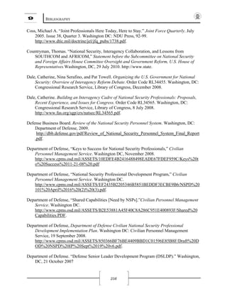9 BIBLIOGRAPHY
256
Coss, Michael A. “Joint Professionals Here Today, Here to Stay.” Joint Force Quarterly. July
2005. Issue 38, Quarter 3. Washington DC: NDU Press, 92-99.
http://www.dtic.mil/doctrine/jel/jfq_pubs/1738.pdf.
Countryman, Thomas. “National Security, Interagency Collaboration, and Lessons from
SOUTHCOM and AFRICOM,” Statement before the Subcommittee on National Security
and Foreign Affairs House Committee Oversight and Government Reform, U.S. House of
Representatives.Washington, DC, 29 July 2010. http://www.state.
Dale, Catherine, Nina Serafino, and Pat Towell. Organizing the U.S. Government for National
Security: Overview of Interagency Reform Debate. Order Code RL34455. Washington, DC:
Congressional Research Service, Library of Congress, December 2008.
Dale, Catherine. Building an Interagency Cadre of National Security Professionals: Proposals,
Recent Experience, and Issues for Congress. Order Code RL34565. Washington, DC:
Congressional Research Service, Library of Congress, 8 July 2008.
http://www.fas.org/sgp/crs/natsec/RL34565.pdf.
Defense Business Board. Review of the National Security Personnel System. Washington, DC:
Department of Defense, 2009.
http://dbb.defense.gov/pdf/Review_of_National_Security_Personnel_System_Final_Report
.pdf.
Department of Defense, “Keys to Success for National Security Professionals,” Civilian
Personnel Management Service. Washington DC, November 2008.
http://www.cpms.osd.mil/ASSETS/10EDFE4B2416488498EADE67FDEF959C/Keys%20t
o%20Success%2011-21-08%20.pdf
Department of Defense, “National Security Professional Development Program,” Civilian
Personnel Management Service. Washington DC.
http://www.cpms.osd.mil/ASSETS/EF2435B2205346B5851BEDDF3ECBE9B6/NSPD%20
101%20April%2016%20(2)%20(3).pdf.
Department of Defense, “Shared Capabilities [Need by NSPs].”Civilian Personnel Management
Service. Washington DC.
http://www.cpms.osd.mil/ASSETS/B2E53881A45F40C8A286C951E400893F/Shared%20
Capabilities.PDF.
Department of Defense, Department of Defense Civilian National Security Professional
Development Implementation Plan. Washington DC: Civilian Personnel Management
Service, 19 September 2008.
http://www.cpms.osd.mil/ASSETS/850366BF76BE4409BBD1C01596E85B8F/Draft%20D
OD%20NSPD%20IP%20Sept%2019%20v6.pdf.
Department of Defense. “Defense Senior Leader Development Program (DSLDP).” Washington,
DC, 21 October 2007
 