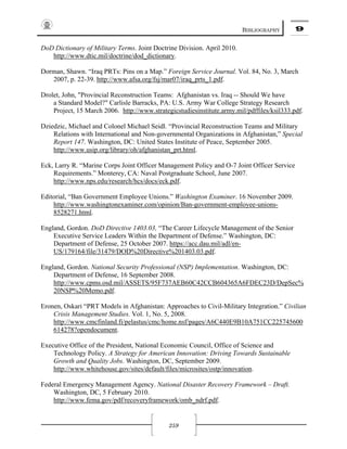 BIBLIOGRAPHY 9
259
DoD Dictionary of Military Terms. Joint Doctrine Division. April 2010.
http://www.dtic.mil/doctrine/dod_dictionary.
Dorman, Shawn. “Iraq PRTs: Pins on a Map.” Foreign Service Journal. Vol. 84, No. 3, March
2007, p. 22-39. http://www.afsa.org/fsj/mar07/iraq_prts_1.pdf.
Drolet, John, "Provincial Reconstruction Teams: Afghanistan vs. Iraq -- Should We have
a Standard Model?" Carlisle Barracks, PA: U.S. Army War College Strategy Research
Project, 15 March 2006. http://www.strategicstudiesinstitute.army.mil/pdffiles/ksil333.pdf.
Dziedzic, Michael and Colonel Michael Seidl. “Provincial Reconstruction Teams and Military
Relations with International and Non-governmental Organizations in Afghanistan,” Special
Report 147. Washington, DC: United States Institute of Peace, September 2005.
http://www.usip.org/library/oh/afghanistan_prt.html.
Eck, Larry R. “Marine Corps Joint Officer Management Policy and O-7 Joint Officer Service
Requirements.” Monterey, CA: Naval Postgraduate School, June 2007.
http://www.nps.edu/research/hcs/docs/eck.pdf.
Editorial, “Ban Government Employee Unions.” Washington Examiner. 16 November 2009.
http://www.washingtonexaminer.com/opinion/Ban-government-employee-unions-
8528271.html.
England, Gordon. DoD Directive 1403.03, “The Career Lifecycle Management of the Senior
Executive Service Leaders Within the Department of Defense.” Washington, DC:
Department of Defense, 25 October 2007. https://acc.dau.mil/adl/en-
US/179164/file/31479/DOD%20Directive%201403.03.pdf.
England, Gordon. National Security Professional (NSP) Implementation. Washington, DC:
Department of Defense, 16 September 2008.
http://www.cpms.osd.mil/ASSETS/95F737AEB60C42CCB604365A6FDEC23D/DepSec%
20NSP%20Memo.pdf.
Eronen, Oskari “PRT Models in Afghanistan: Approaches to Civil-Military Integration.” Civilian
Crisis Management Studies. Vol. 1, No. 5, 2008.
http://www.cmcfinland.fi/pelastus/cmc/home.nsf/pages/A6C440E9B10A751CC225745600
614278?opendocument.
Executive Office of the President, National Economic Council, Office of Science and
Technology Policy. A Strategy for American Innovation: Driving Towards Sustainable
Growth and Quality Jobs. Washington, DC, September 2009.
http://www.whitehouse.gov/sites/default/files/microsites/ostp/innovation.
Federal Emergency Management Agency. National Disaster Recovery Framework – Draft.
Washington, DC, 5 February 2010.
http://www.fema.gov/pdf/recoveryframework/omb_ndrf.pdf.
 