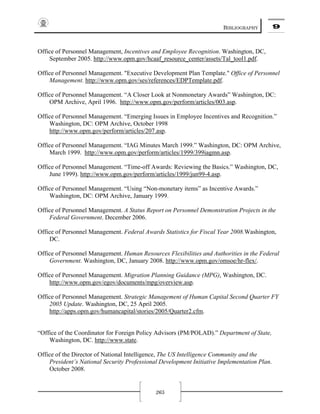 BIBLIOGRAPHY 9
265
Office of Personnel Management, Incentives and Employee Recognition. Washington, DC,
September 2005. http://www.opm.gov/hcaaf_resource_center/assets/Tal_tool1.pdf.
Office of Personnel Management. "Executive Development Plan Template." Office of Personnel
Management. http://www.opm.gov/ses/references/EDPTemplate.pdf.
Office of Personnel Management. “A Closer Look at Nonmonetary Awards” Washington, DC:
OPM Archive, April 1996. http://www.opm.gov/perform/articles/003.asp.
Office of Personnel Management. “Emerging Issues in Employee Incentives and Recognition.”
Washington, DC: OPM Archive, October 1998
http://www.opm.gov/perform/articles/207.asp.
Office of Personnel Management. “IAG Minutes March 1999.” Washington, DC: OPM Archive,
March 1999. http://www.opm.gov/perform/articles/1999/399iagmn.asp.
Office of Personnel Management. “Time-off Awards: Reviewing the Basics.” Washington, DC,
June 1999). http://www.opm.gov/perform/articles/1999/jun99-4.asp.
Office of Personnel Management. “Using “Non-monetary items” as Incentive Awards.”
Washington, DC: OPM Archive, January 1999.
Office of Personnel Management. A Status Report on Personnel Demonstration Projects in the
Federal Government. December 2006.
Office of Personnel Management. Federal Awards Statistics for Fiscal Year 2008.Washington,
DC.
Office of Personnel Management. Human Resources Flexibilities and Authorities in the Federal
Government. Washington, DC, January 2008. http://www.opm.gov/omsoe/hr-flex/.
Office of Personnel Management. Migration Planning Guidance (MPG), Washington, DC.
http://www.opm.gov/egov/documents/mpg/overview.asp.
Office of Personnel Management. Strategic Management of Human Capital Second Quarter FY
2005 Update. Washington, DC, 25 April 2005.
http://apps.opm.gov/humancapital/stories/2005/Quarter2.cfm.
“Office of the Coordinator for Foreign Policy Advisors (PM/POLAD).” Department of State,
Washington, DC. http://www.state.
Office of the Director of National Intelligence, The US Intelligence Community and the
President’s National Security Professional Development Initiative Implementation Plan.
October 2008.
 