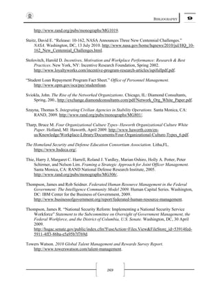 BIBLIOGRAPHY 9
269
http://www.rand.org/pubs/monographs/MG1019.
Steitz, David E. “Release: 10-162, NASA Announces Three New Centennial Challenges.”
NASA. Washington, DC, 13 July 2010. http://www.nasa.gov/home/hqnews/2010/jul/HQ_10-
162_New_Centennial_Challenges.html.
Stolovitch, Harold D. Incentives, Motivation and Workplace Performance: Research & Best
Practices. New York, NY: Incentive Research Foundation, Spring 2002.
http://www.loyaltyworks.com/incentive-program-research-articles/ispifullpdf.pdf.
“Student Loan Repayment Program Fact Sheet.” Office of Personnel Management.
http://www.opm.gov/oca/pay/studentloan.
Sviokla, John. The Rise of the Networked Organizations. Chicago, IL: Diamond Consultants,
Spring, 200., http://exchange.diamondconsultants.com/pdf/Network_Org_White_Paper.pdf.
Szayna, Thomas S. Integrating Civilian Agencies in Stability Operations. Santa Monica, CA:
RAND, 2009. http://www.rand.org/pubs/monographs/MG801/.
Tharp, Bruce M. Four Organizational Culture Types- Haworth Organizational Culture White
Paper. Holland, MI: Haworth, April 2009. http://www.haworth.com/en-
us/Knowledge/Workplace-Library/Documents/Four-Organizational-Culture-Types_6.pdf.
The Homeland Security and Defense Education Consortium Association. Litha,FL.
https://www.hsdeca.org/.
Thie, Harry J, Margaret C. Harrell, Roland J. Yardley, Marian Oshiro, Holly A. Potter, Peter
Schirmer, and Nelson Lim. Framing a Strategic Approach for Joint Officer Management.
Santa Monica, CA: RAND National Defense Research Institute, 2005.
http://www.rand.org/pubs/monographs/MG306/.
Thompson, James and Rob Seidner. Federated Human Resource Management in the Federal
Government: The Intelligence Community Model 2009. Human Capital Series. Washington,
DC: IBM Center for the Business of Government, 2009.
http://www.businessofgovernment.org/report/federated-human-resource-management.
Thompson, James R. “National Security Reform: Implementing a National Security Service
Workforce” Statement to the Subcommittee on Oversight of Government Management, the
Federal Workforce, and the District of Columbia, U.S. Senate. Washington, DC, 30 April
2009.
http://hsgac.senate.gov/public/index.cfm?FuseAction=Files.View&FileStore_id=53914fed-
5911-4ff3-86ba-e5a95b7f769d.
Towers Watson. 2010 Global Talent Management and Rewards Survey Report.
http://www.towerswatson.com/talent-management.
 