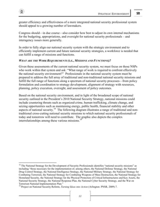 STRATEGIC ENVIRONMENT 2
11
greater efficiency and effectiveness of a more integrated national security professional system
should appeal to a growing number of lawmakers.
Congress should—in due course—also consider how best to adjust its own internal mechanisms
for the budgeting, appropriations, and oversight for national security professionals – and
interagency issues more generally.
In order to fully align our national security system with the strategic environment and to
efficiently implement current and future national security strategies, a workforce is needed that
can fulfill a range of missions and functions.
WHAT ARE THE WORK REQUIREMENTS (I.E., MISSIONS AND FUNCTIONS)?
Given these assessments of the current national security system, we must focus on those NSPs
who work within that system and ask: “What range of work is required to confront effectively
the national security environment?” Professionals in the national security system must be
prepared to address the full array of traditional and non-traditional national security missions and
fulfill the full range of functions along a spectrum of national security processes—from policy
formulation and coordination to strategy development, alignment of strategy with resources,
planning, policy execution, oversight, and assessment of policy outcomes.
Based on the national security environment, and in light of the broadened scope of national
security outlined in the President’s 2010 National Security Strategy, national missions could
include countering threats such as organized crime, human trafficking, climate change, and
seizing opportunities such as maintaining energy, public health, financial stability and other
aspects of national security.18
The following diagram illustrates a range of traditional and non-
traditional cross-cutting national security missions to which national security professionals of
today and tomorrow will need to contribute. The graphic also depicts the complex
interrelationships among these various missions.19
18
The National Strategy for the Development of Security Professionals identifies “national security missions” as
including “those necessary for the implementation of, among others, the National Defense Strategy, the National
Drug Control Strategy, the National Intelligence Strategy, the National Military Strategy, the National Strategy for
Combating Terrorism, the National Strategy for Combating Weapons of Mass Destruction, the National Strategy for
Homeland Security, the National Strategy for the Physical Protection of Critical Infrastructures and Key Assets, the
National Security Strategy, the National Response Plan, the National Cyber Security Strategy, and the War on
Terrorism National Implementation Plan.”
19
Project on National Security Reform, Turning Ideas into Action (Arlington: PNSR, 2009) 7.
 