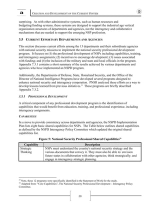 3 CREATION AND DEVELOPMENT OF THE CURRENT SYSTEM
20
surprising. As with other administrative systems, such as human resources and
budgeting/funding systems, these systems are designed to support the industrial age vertical
organization structures of departments and agencies, not the interagency and collaborative
mechanisms that are needed to support the emerging NSP profession.
3.5 CURRENT EFFORTS BY DEPARTMENTS AND AGENCIES
This section discusses current efforts among the 13 departments and their subordinate agencies
with national security missions to implement the national security professional development
program. It focuses on (1) the professional development of NSPs including capabilities, training,
and interagency assignments; (2) incentives to encourage development; (3) issues associated
with funding; and (4) the inclusion of the military and state and local officials in the program.
Appendix 7.3.1 contains a short summary of the results achieved by various departments and
agencies who have implemented an NSPD program.
Additionally, the Departments of Defense, State, Homeland Security, and the Office of the
Director of National Intelligence Programs have developed several programs designed to
enhance national security and interagency cooperation. PNSR analyzed these efforts as a way to
develop lessons learned from previous initiatives.23
These programs are briefly described
Appendix 7.3.2.
3.5.1 PROFESSIONAL DEVELOPMENT
A critical component of any professional development program is the identification of
capabilities that would benefit from education, training, and professional experience, including
interagency assignments.
CAPABILITIES
In a move to provide consistency across departments and agencies, the NSPD Implementation
Plan lists eight basic shared capabilities for NSPs. The Table below outlines shared capabilities
as defined by the NSPD Interagency Policy Committee which updated the original shared
capabilities list.
Figure 5: National Security Professional Shared Capabilities24
Capability Description
Strategic
Thinking
NSPs must understand the country's national security strategy and the
various documents that convey it. They must also be able to: envision
future states in collaboration with other agencies; think strategically; and
engage in interagency strategic planning.
23
Note, these 12 programs were specifically identified in the Statement of Work for the study.
24
Adapted from: “Core Capabilities”, The National Security Professional Development – Interagency Policy
Committee.
 