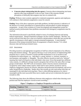 CREATION AND DEVELOPMENT OF THE CURRENT SYSTEM 3
29
• Concerns about reintegrating into the agency: Concerns about reintegrating into home
agencies after long assignments is also an issue. Some of the concerns include
perceptions of disloyalty that assignees may have to contend with.
Finding: Without a more systemic approach to rotational assignments, agencies and employees
will continue to find rotational assignments a cause for concern.
Finding: None of the above represents unsolvable problems, but their presence is indicative of
the absence of a clearly articulated set of agreed policies and procedures to guide interagency
assignments. As part of the evolution of a career development and management system for
national security professionals these problems associated with interagency assignments must be
resolved.
The information discussed is specifically related to issues of exchanges between and among
federal organizations. Intergovernmental exchanges can face similar challenges. But they, too,
can be resolved if the there are a clear set of policies and procedures which take into account the
specific circumstances which apply to intergovernmental assignments. A more detailed
discussion of the intergovernmental facets of assignments is found in Section 7.2.4, which
discusses state and local government issues.
3.5.3 INCENTIVES
Providing incentives and appropriate recognition of staff are critical components of an effective
hiring and retention strategy. The agencies that have or are in the process of implementing NSP
programs have a variety of incentive awards and HR mechanisms to use as incentives and
recognition for achievements, e.g., individual vs. group; intrinsic vs. extrinsic; monetary vs.
non-monetary; and tangible vs. intangible. The more effective incentives tend to be “intrinsic”
meaning they tend to be based on what individuals value most. Given that people have different
value systems, it is difficult to design incentive programs that will have the same effect on large
groups of individuals. The NSP work environment, which is heavily mission oriented and
occupied by senior subject matter experts, lends itself to more intrinsic incentives such as
employee engagement, passion for mission, education and professional development, and service
under strong/effective leadership. Studies show that rewards are only motivating when they are
meaningful to the individual receiving them. There is often differing opinions as to what is
meaningful and the most successful firms turn to studies and surveys to determine the types of
rewards to offer.
The following chart shows the difference between what employees valued when choosing a new
position and what the employers viewed as most rewarding.29
Figure 7: Employee vs. Employer Perspectives on Rewards
Ranking Employee View Employer View
1 Competitive base pay Competitive base pay
29
Towers Watson, 2010 Global Talent Management and Rewards Survey Report, 2010.
 