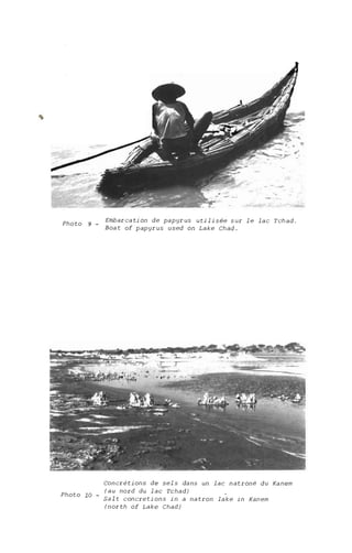 Photo 9 -
Embarcation de papyrus utilisée sur le lac Tchad.
Boat of papyrus used on Lake Chad.
Photo la -
concrétions de sels dans un lac natroné du Kanem
(au nord du lac Tchad)
Salt concretions in a natron lake in Kanem
(north of Lake Chad)
 