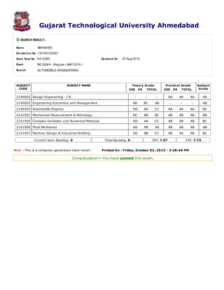 Gujarat Technological University Ahmedabad
SEARCH RESULT.:
Name ABHISHEK
Enrollment No. 130160102001
Exam Seat No. E412280 Declared On 03 Aug 2015
Exam BE SEM 4 - Regular ( MAY 2015 )
Branch AUTOMOBILE ENGINEERING
SUBJECT
CODE
SUBJECT NAME Theory Grade
ESE PA TOTAL
Practical Grade
ESE PA TOTAL
Subject
Grade
2140002 Design Engineering - I B - - - AA AA AA AA
2140003 Engineering Economics and Management AB BC AB - - - AB
2140203 Automobile Engines DD AA CC AA AA AA BC
2141901 Mechanical Measurement & Metrology BC BB BC AB AB AB BB
2141905 Complex Variables and Numerical Methods DD AA CC AB AB AB BC
2141906 Fluid Mechanics AA AB AA AB AB AB AB
2141907 Machine Design & Industrial Drafting DD BB CC AB AA AB BC
Current Sem. Backlog: 0 Total Backlog: 0 SPI: 7.97 CPI: 7.75
Note : This is a computer generated mark-sheet. Printed On : Friday, October 02, 2015 - 3:38:46 PM
Congratulation!! You have passed this exam.
 