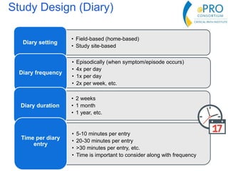 Study Design (Diary)
• Field-based (home-based)
• Study site-based
Diary setting
• Episodically (when symptom/episode occurs)
• 4x per day
• 1x per day
• 2x per week, etc.
Diary frequency
• 2 weeks
• 1 month
• 1 year, etc.
Diary duration
• 5-10 minutes per entry
• 20-30 minutes per entry
• >30 minutes per entry, etc.
• Time is important to consider along with frequency
Time per diary
entry
 