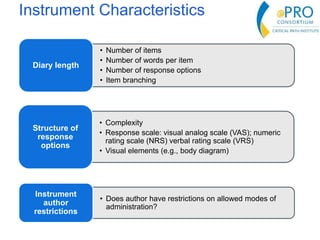 Instrument Characteristics
• Number of items
• Number of words per item
• Number of response options
• Item branching
Diary length
• Complexity
• Response scale: visual analog scale (VAS); numeric
rating scale (NRS) verbal rating scale (VRS)
• Visual elements (e.g., body diagram)
Structure of
response
options
• Does author have restrictions on allowed modes of
administration?
Instrument
author
restrictions
 