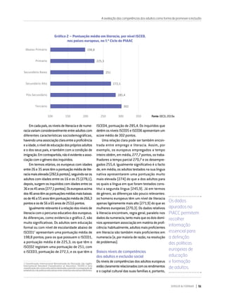 DIRIGIR & FORMAR 51
Emcadapaís,osníveisdeliteraciaedenume-
raciavariamconsideravelmenteentreadultoscom
diferentes características sociodemográficas,
havendoumaassociaçãoclaraentreaproficiência
eaidade,oníveldeeducaçãodosprópriosadultos
e o dos seus pais, e também com a condição de
imigração.Emcontrapartida,nãoéevidenteaasso-
ciaçãocomogénerodosinquiridos.
Em termos etários, os europeus com idades
entre26e35anostêmapontuaçãomédiadelite-
raciamaiselevada(282,6pontos),seguindo-seos
adultos com idades entre os 16 e os 25 (278,1);
depois,surgemosinquiridoscomidadesentreos
36eos45anos(277,1pontos).Oseuropeusacima
dos46anostêmaspontuaçõesmédiasmaisbaixas:
osde46a55anostêmpontuaçãomédiade266,3
pontoseosde56a65anosde253,6pontos.
Igualmenterelevanteéarelaçãodosníveisde
literaciacomopercursoeducativodoseuropeus.
As diferenças, como evidencia o gráfico 2, são
muito significativas. Os adultos sem educação
formal ou com nível de escolaridade abaixo de
ISCED11
apresentam uma pontuação média de
198,8 pontos; para os que possuem o ISCED1,
a pontuação média é de 225,3; os que têm o
ISCED2 registam uma pontuação de 251; com
o ISCED3, pontuação de 272,1; e os que têm o
1  
Classificação Internacional Normalizada da Educação (do inglês:
International Standard Classification of Education -ISCED) é uma
classificaçãodosníveiseducativosdestinadaapermitiracomparaçãode
estatísticasedepolíticaseducativasentresistemaseducativosdiferentes.
ISCED4, pontuação de 285,4. Os inquiridos que
detêmosníveisISCED5eISCED6apresentamum
score médio de 302 pontos.
Uma relação clara pode ser também encon-
trada entre emprego e literacia. Assim, por
exemplo, os europeus empregados a tempo
inteiro obtêm, em média, 277,7 pontos, os traba-
lhadores a tempo parcial 270,7 e os desempre-
gados 255,4. Igualmente significativo é o facto
de, em média, os adultos testados na sua língua
nativa apresentarem uma pontuação muito
mais elevada (274) do que a dos adultos para
os quais a língua em que foram testados cons-
titui a segunda língua (245,9). Já em termos
de género, as diferenças são pouco relevantes:
os homens europeus têm um nível de literacia
apenas ligeiramente mais alto (271,9) do que as
mulheres europeias (270,3). Os dados relativos
à literacia encontram, regra geral, paralelo nos
dadosdanumeracia,tantomaisqueosdoisdomí-
niosapresentamassociaçãoemmatériadeprofi-
ciência:habitualmente,adultosmaisproficientes
em literacia são também mais proficientes em
numeracia (e, por maioria de razão, na resolução
de problemas).
Baixos níveis de competências
dos adultos e exclusão social
Os níveis de competências dos adultos europeus
estãoclaramenterelacionadoscomosrendimentos
e o capital cultural das suas famílias e, portanto,
Aavaliaçãodascompetênciasdosadultoscomoformadepromoverainclusão
Os dados
apurados no
PIACC permitem
recolher
informação
essencial para
a definição
das políticas
europeias de
educação
e formação
de adultos.
Fonte: OECD, 2019a
Gráfico 2 – Pontuação média em literacia, por nível ISCED,
nos países europeus, no 1.º Ciclo do PIAAC
 