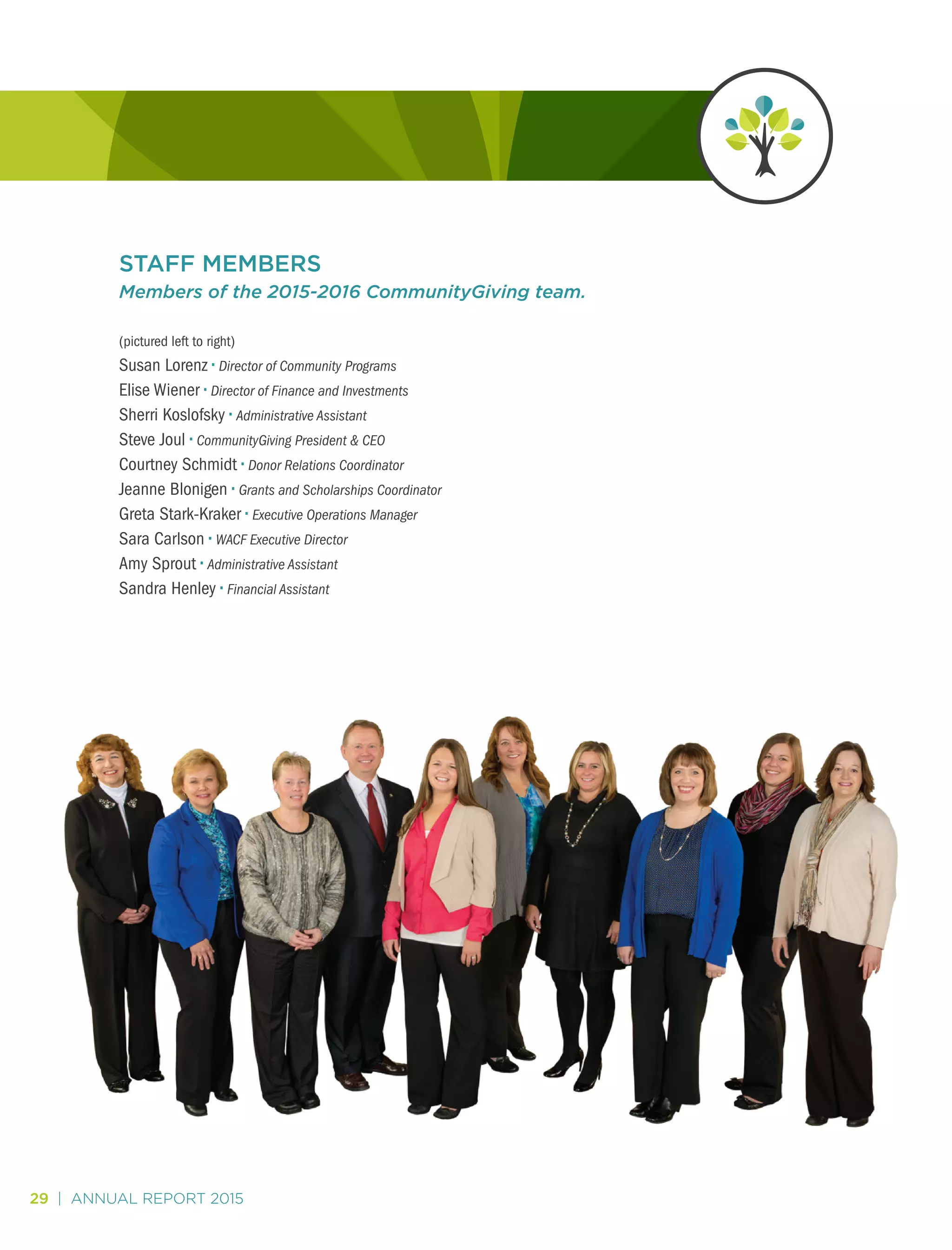 29 | ANNUAL REPORT 2015
STAFF MEMBERS
Members of the 2015-2016 CommunityGiving team.
(pictured left to right)
Susan Lorenz • Director of Community Programs
Elise Wiener • Director of Finance and Investments
Sherri Koslofsky • Administrative Assistant
Steve Joul • CommunityGiving President & CEO
Courtney Schmidt • Donor Relations Coordinator
Jeanne Blonigen • Grants and Scholarships Coordinator
Greta Stark-Kraker • Executive Operations Manager
Sara Carlson • WACF Executive Director
Amy Sprout • Administrative Assistant
Sandra Henley • Financial Assistant
29 | ANNUAL REPORT 2015
 
