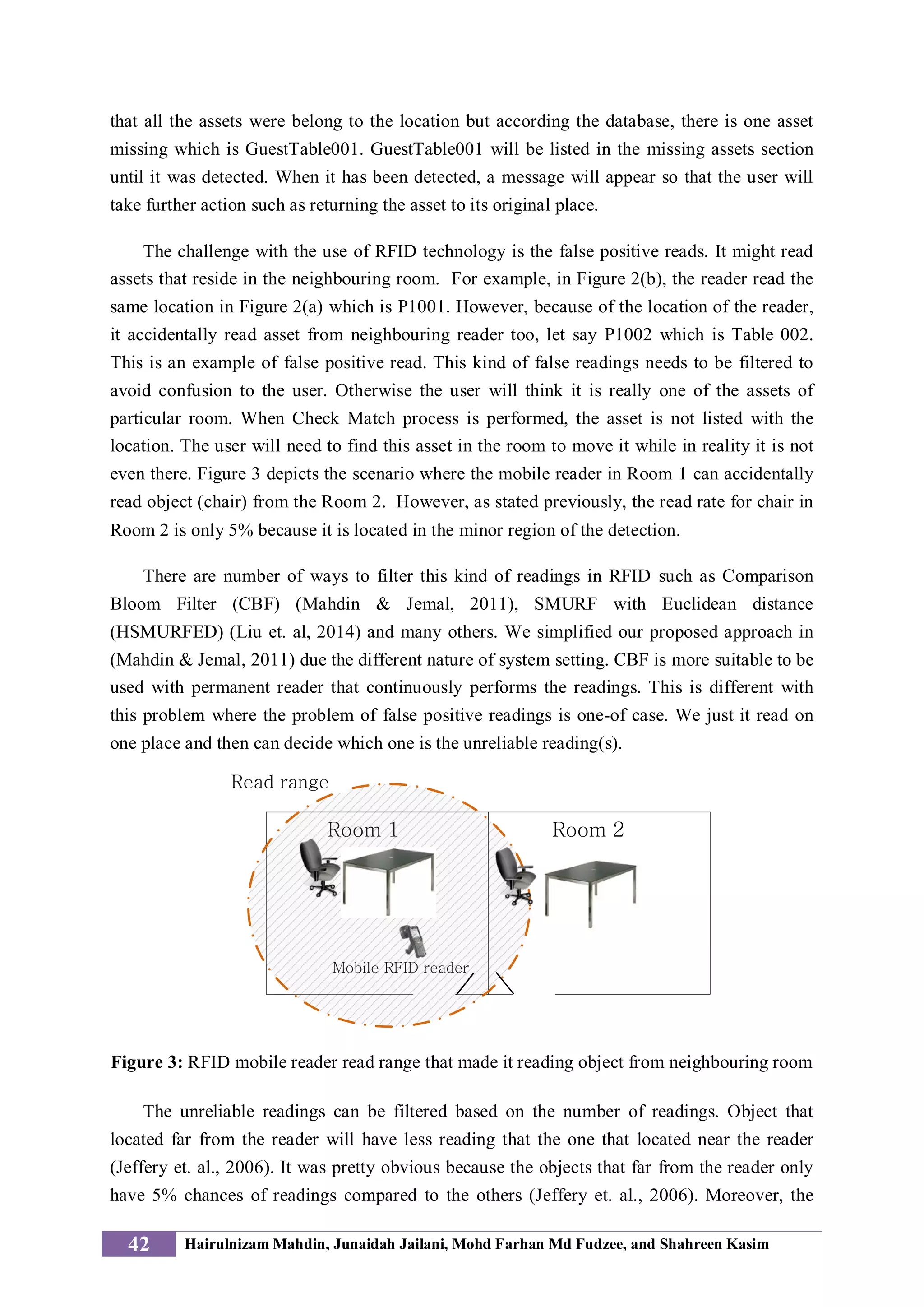 that all the assets were belong to the location but according the database, there is one asset
missing which is GuestTable001. GuestTable001 will be listed in the missing assets section
until it was detected. When it has been detected, a message will appear so that the user will
take further action such as returning the asset to its original place.
The challenge with the use of RFID technology is the false positive reads. It might read
assets that reside in the neighbouring room. For example, in Figure 2(b), the reader read the
same location in Figure 2(a) which is P1001. However, because of the location of the reader,
it accidentally read asset from neighbouring reader too, let say P1002 which is Table 002.
This is an example of false positive read. This kind of false readings needs to be filtered to
avoid confusion to the user. Otherwise the user will think it is really one of the assets of
particular room. When Check Match process is performed, the asset is not listed with the
location. The user will need to find this asset in the room to move it while in reality it is not
even there. Figure 3 depicts the scenario where the mobile reader in Room 1 can accidentally
read object (chair) from the Room 2. However, as stated previously, the read rate for chair in
Room 2 is only 5% because it is located in the minor region of the detection.
There are number of ways to filter this kind of readings in RFID such as Comparison
Bloom Filter (CBF) (Mahdin & Jemal, 2011), SMURF with Euclidean distance
(HSMURFED) (Liu et. al, 2014) and many others. We simplified our proposed approach in
(Mahdin & Jemal, 2011) due the different nature of system setting. CBF is more suitable to be
used with permanent reader that continuously performs the readings. This is different with
this problem where the problem of false positive readings is one-of case. We just it read on
one place and then can decide which one is the unreliable reading(s).
Room 1 Room 2
Mobile RFID reader
Read range
Figure 3: RFID mobile reader read range that made it reading object from neighbouring room
The unreliable readings can be filtered based on the number of readings. Object that
located far from the reader will have less reading that the one that located near the reader
(Jeffery et. al., 2006). It was pretty obvious because the objects that far from the reader only
have 5% chances of readings compared to the others (Jeffery et. al., 2006). Moreover, the
42 Hairulnizam Mahdin, Junaidah Jailani, Mohd Farhan Md Fudzee, and Shahreen Kasim
 