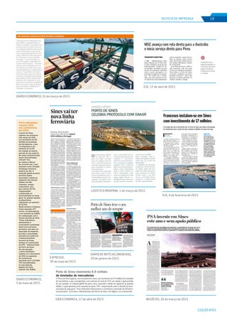 EDIÇÃO Nº65
REVISTA DE IMPRENSA 19
DIÁRIO ECONÓMICO, 31 de março de 2015
VIDA ECONÓMICA, 17 de abril de 2015
OJE, 17 de abril de 2015
LOGÍSTICA MODERNA, 1 de março de 2015
EXPRESSO,
30 de maio de 2015
DIÁRIO DE NOTÍCIAS (MADEIRA),
20 de janeiro de 2015
DIÁRIO ECONÓMICO,
5 de maio de 2015
NEGÓCIOS, 16 de março de 2015
Tiragem: 11480
País: Portugal
Period.: Diária
Âmbito: Regional
Pág: 20
Cores: Cor
Área: 22,65 x 24,04 cm²
Corte: 1 de 1ID: 57561233 20-01-2015
Tiragem: 8360
País: Portugal
Period.: +2 por Semana
Âmbito: Economia, Negócios e.
Pág: 4
Cores: Cor
Área: 16,12 x 24,40 cm²
Corte: 1 de 1ID: 57783605 04-02-2015
A unidade, instalada no Porto de
Sines, distrito de Setúbal, “é a
primeira a nível mundial com es-
ta tecnologia única”, garante o
presidente e fundador da Ecos-
lops, Michel Pingeot.
Por lei, para evitar que os resí-
duos sejam despejados no mar, os
navios têm de os entregar nos
portos, mas o seu destino tem
sido, no geral, a incineração. Um
processo que a nova tecnologia
dispensa, com ganhos para o
ambiente, frisa o empresário.
O responsável manifestou-se
“muito satisfeito” por ter avança-
do com o investimento em Sines,
escolha que se ficou a dever ao
“potencial de crescimento” do
porto comercial.Para o presidente
da Ecoslops, a experiência foi “a
confirmação da capacidade de
concretização dos portugueses",
os quais sublinha a sua “paixão”.
Assim, a empresa procura ago-
ra novos investidores para imple-
mentar uma solução que permita
reduzir o desperdício resultante
da produção do combustível na-
val.
Pingeot esclarece ainda que o
processo origina 17% de resíduo,
mas é possível reduzir esse des-
perdício a 5%, aumentando pro-
porcionalmente a produção de
combustível naval.
A Ecoslops pretende também
construir novas fábricas em Abi-
djan, na Costa do Marfim (África),
e em Singapura (Ásia), sendo An-
tuérpia, na Bélgica, igualmente
uma possibilidade.
INDÚSTRIA
Franceses instalam-se em Sines
com investimento de 17 milhões
A Ecoslops abre até ao final deste mês, no Porto de Sines, uma fábrica de produção
de combustível naval, a partir dos óleos residuais recolhidos nos navios de carga.
SÓNIA BEXIGA
com LUSA
sbexiga@oje.pt
DR
EQUIPA COM
PRATA DA CASA
Estas instalações em
Sines, no litoral alente-
jano, representam um
investimento de cerca de
17 milhões de euros, com
uma comparticipação de
6,2 milhões de euros por
fundos comunitários.
De acordo com Michel
Pingeot, foram criados
45 postos de trabalho
diretos, recrutados local-
mente, estando previsto
que o quadro de pessoal
seja aumentado consoan-
te as necessidades.
Tiragem: 12982
País: Portugal
Period.: Diária
Âmbito: Economia, Negócios e.
Pág: 8
Cores: Cor
Área: 25,70 x 30,90 cm²
Corte: 1 de 3ID: 58380538 16-03-2015
Tiragem: 16364
País: Portugal
Period.: Diária
Âmbito: Economia, Negócios e.
Pág: 31
Cores: Cor
Área: 26,00 x 12,77 cm²
Corte: 1 de 1ID: 58607130 31-03-2015
MSC INAUGURA LIGAÇÃO DO PORTO DE SINES À AUSTRÁLIA
AMediterraneanShippingCom-
pany(MSC),segundomaiorar-
madormundial,vaiinaugurarno
próximodia9deAbril,umservi-
çodeligaçãomarítimadirectade
contentoresentreoportodeSi-
neseosprincipaisportosdaAus-
trália.SegundoCarlosVasconce-
los,directorexecutivodaMSC
Portugal,“terumrotadirecta
entrePortugaleaAustráliaéde
enormeimportância”.“Estamos
atentosàsnecessidadesdosnos-
sosclienteseidentificámosesta
oportunidadequeconsideramos
crucial.AAustráliaéumimpor-
tantemercado,queservenãosó
oprópriocontinenteaustraliano,
masacimadetudooSuldaÁsia”,
defendeesteresponsável. Este
novoserviçomarítimoregularda
MSCiráescalarosportosaustra-
lianosdeSydney,Melbourne,
AdelaideeFremantle.
João Paulo Dias / Arquivo Económico
OJE Semanal
Tiragem: 8040
País: Portugal
Period.: Semanal
Âmbito: Economia, Negócios e.
Pág: 22
Cores: Cor
Área: 15,60 x 8,91 cm²
Corte: 1 de 1ID: 58859887 17-04-2015
A MSC – Mediterranean Ship-
ping Company fez no início des-
te mês a primeira escala da rota
Sines-Austrália, através do na-
vio Kalliopi, no âmbito do novo
serviço de transporte marítimo
entre o porto português e os
principais congéneres australia-
nos. De acordo com a compa-
nhia, esta rota semanal vai ser-
vir alguns dos mais importantes
portos mundiais, como Fos-Sur-
Mer, La Spezia, Gioia Tauro,
Suez, Port Louis, Pointe des Ga-
lets, Sydney, Melbourne, Adelai-
de e Fremantle.
Já no final de março, a MSC ti-
nha arrancado com um novo
serviço de transporte marítimo,
entre Sines e o Porto de Pireu,
na Grécia. Também com perio-
dicidade semanal, a nova rota
percorre os portos de Pireu, Is-
tambul, Gemlik, e Aliaga.
MSC avança com rota direta para a Austrália
e inicia serviço direto para Pireu
TRANSPORTE MARÍTIMO
A Austrália serve o
próprio continente e o
sul da Ásia. Com Pireu,
ganha-se tempo de
trânsito para a Grécia
e a Turquia
Tiragem: 11900
País: Portugal
Period.: Semanal
Âmbito: Economia, Negócios e.
Pág: 16
Cores: Cor
Área: 13,40 x 4,68 cm²
Corte: 1 de 1ID: 58860879 17-04-2015
Porto de Sines movimenta 9,9 milhões
de toneladas de mercadorias
O Porto de Sines registou, nos três primeiros meses, um movimento de 9,9 milhões de toneladas
de mercadorias, o que correspondeu a um aumento de mais de 21%, em relação a igual período
do ano passado. A evolução global do porto esteve associada à subida do segmento de grandes
sólidos, o qual apresentou um aumento de quase 53%, compensando assim a descida na movi-
mentação da carga geral. “Estes indicadores demonstram o crescimento sustentado da infraestru-
tura portuária”, acrescenta a Administração dos Portos de Sines e do Algarve, em comunicado.
gócios e.
Pág: 22
Cores: Cor
Área: 26,00 x 30,22 cm²
Corte: 1 de 1
Paula Nunes
rço
nes
de contentores
s com uma ca-
movimentação
ilhões de TEU
equivalente a
m 20 pés de
ontra a actual
,7 milhões de
a poder acolher
três navios de
ue a expansão
, no âmbito do
ho para as In-
e Elevado Valor
(GTIEVA) foi
omo uma das
vestimento fa-
lano Estratégi-
es e Infra-es-
3+, aprovado
.
nto anterior-
everia permitir
postos de traba-
a mil o número
deste terminal,
este novo pro-
divulgados da-
ão de emprego
Porto alentejano
cresceu 32%
nos contentores
em 2014
O porto de Sines
registou nos primeiros
três meses de 2015
um movimento de 9,9
milhões de toneladas
de mercadorias, o que
correspondeu a um
aumento de 21,2%
em relação ao mesmo
período do ano anterior.
Na carga contentorizada
foram movimentados
279.347 TEU,
de Janeiro a Março
do corrente ano, o que
equivale a uma variação
homóloga trimestral
positiva de 3%. A
evolução global do porto
de Sines esteve
associada à subida do
segmento dos graneis
sólidos (carvão,
cimentos, cereais,
contentores, etc),
que cresceu 52,7%,
compensando
a diminuição na
movimentação na carga
geral. Os granéis líquidos
(combustíveis)
registaram um aumento
de 33.3%.
Neste primeiro trimestre,
foram operados 477
navios, correspondendo
a um aumento de 0,85%
em comparação com o
mesmo período de 2014.
“Estes indicadores
demonstram o
crescimento sustentado
desta infra-estrutura
portuária, que deve ser
associado ao empenho
de toda a comunidade
portuária em potenciar
o desenvolvimento
do porto de Sines,
avança um comunicado
da APS – Administração
do Porto de Sines.
No ano passado,
o porto alentejano
registou um crescimento
de 32% no segmento
de contentores,
passando para 1.227.694
TEU movimentados.
As mercadorias
globais em Sines
subiram 3%. N.M.S.
dente da Mota-
a primeira fase
do terminal de
porto de Sines.
Tiragem: 4000
País: Portugal
Period.: Mensal
Âmbito: Outros Assuntos
Pág: 24
Cores: Cor
Área: 13,08 x 15,70 cm²
Corte: 1 de 1ID: 59103795 01-03-2015
OJE, 4 de fevereiro de 2015
Tiragem: 101375
País: Portugal
Period.: Semanal
Âmbito: Informação Geral
Pág: 15
Cores: Cor
Área: 28,20 x 44,50 cm²
Corte: 1 de 2ID: 59508113 30-05-2015 | Economia
INFRAESTRUTURAS
Sines vai ter
nova linha
ferroviária
Esperou 30 anos pela
nova linha. Até Elvas, custará
€310 milhões a Portugal
A Rede Ferroviária Nacional
(Refer) — agora integrada na
Infraestruturas de Portugal
(IP) — candidatou a nova liga-
ção ferroviária Sines-Elvas ao
Programa CEF - Connecting
Europe Facility, que cofinan-
ciará 50% do respetivo valor
dos estudos e projetos e 40%
dos trabalhos com obras. Se-
gundo o presidente da IP, Antó-
nio Ramalho, este projeto terá
a nova ligação de Sines à linha
ferroviária do Sul e implicará
um investimento de base de
€512 milhões (e de €773 mi-
lhões no total), que será cofi-
nanciado pelo programa comu-
nitário CEF em €202 milhões,
o que significa que a participa-
ção portuguesa nesta obra será
de €310 milhões.
Este projeto de infraestrutu-
ra ferroviária transfronteiriça
dá resposta a uma necessidade
reivindicada pelo porto alente-
jano há cerca de 30 anos. Um
dos obstáculos ao crescimento
da atividade portuária de Sines
tem sido a pendente da linha
atual, que limita a carga total
dos comboios que saem de Si-
nes, pela incapacidade das lo-
comotivas subirem a linha com
uma carga total de 1400 tone-
ladas — tida como o parâmetro
ferroviário que rentabiliza o
serviço de transporte de carga.
1400 toneladas por comboio
“A nova linha viabilizará o
transporte de 1400 toneladas
de carga de uma só vez, utili-
zando uma única locomotiva,
que puxará um conjunto de
vagões que terão até 750 me-
tros de comprimento”, explica
António Ramalho.
O projeto da Refer prevê que
a linha de Sines a Caia — que
seguirá para Espanha — possa
ser utilizada por 24 comboios
diários, garantindo a competi-
tividade do transporte de carga
por modo ferroviário.
O traçado da nova linha re-
duzirá em 140 quilómetros a
ligação de Sines à fronteira, o
que diminuirá em três horas
o tempo de transporte entre
o porto alentejano e a entrada
em Espanha pelo Caia.
Este eixo ferroviário interna-
cional do “Corredor Sul” — que
terá outro simétrico no “Corre-
dor Norte”, ligando Aveiro a Vi-
lar Formoso — potencia os por-
tos de Lisboa e Setúbal, além de
Sines e, segundo a Refer, deverá
potenciar a atividades destes
três portos portugueses, colo-
cando-os no primeiro nível dos
hubs da cadeia logística ibérica.
Lisboa, Setúbal e Sines
“entram” em Espanha
Isto significa, segundo a Re-
fer, que a atividade portuária
de Lisboa, Setúbal e Sines de-
verá aumentar o seu raio de
ação para as regiões ibéricas
servidas pela ligação ferroviá-
ria, atendendo ao aumento da
capacidade do transporte fer-
roviário e à redução do tempo
de viagem que será conseguida
com a nova linha.
As relações económicas des-
tes três portos portugueses — e
a sua competitividade — serão
previsivelmente alargadas às
regiões espanholas da Extre-
madura, da Andaluzia, de Cas-
tela La Mancha e de Madrid,
admite a Refer.
Mas, para o êxito da nova
linha, terá de ser garantida a
interoperabilidade das ligações
na fronteira, assegurando a cir-
culação eficiente e competitiva
de ambos os lados da fronteira,
bem como as ligações modais
que garantam a capilaridade
da carga transportada, do com-
boio até aos seus clientes finais.
Este projeto facilitará as liga-
ções dos portos portugueses às
principais plataformas logísti-
cas ibéricas.
Obras das estações
A nova linha também pressu-
põe a adaptação das estações
ferroviárias aos comboios com
750 metros de comprimento. E
permitirá utilizar locomotivas
elétricas de tração simples para
puxar composições de vagões
com capacidade para o trans-
porte total das referidas 1400
toneladas de carga.
Segundo a Refer, no troço
Évora-Elvas, o estudo e o tra-
çado desta linha estarão total-
mente concluídos até ao final
do terceiro trimestre de 2017
e os respetivos concursos de-
verão ser lançados no quatro
trimestre de 2017, para que as
obras sejam iniciadas no verão
de 2018 e estejam concluídas
até ao final de 2020. No troço
de Sines até à linha Sul, os estu-
dos e traçados serão iniciados
no verão de 2015 para estarem
concluídos até ao final de 2017.
O concurso será lançado du-
rante 2018 e as obras terão de
começar logo no princípio de
2019 para terminarem no final
do primeiro semestre de 2021.
J.F. Palma-Ferreira
jpferreira@expresso.impresa.pt
Sines vai ter finalmente uma linha de comboio moderna e eficiente para operar no verão de 2021 FOTO JOSÉ VENTURA
NOVA LINHA SINES-ELVAS
Investimento
Do total de €773 milhões, o
custo das obras e estudos que
faltam concretizar até ao verão
de 2021 está estimado em €512
milhões, sendo €202 milhões
financiados por programas
comunitários, o que faz
com que a comparticipação
nacional seja de €310 milhões
Capacidade
A nova linha inclui um novo
acesso ao porto de Sines, sem a
pendente da serra, permitindo
a circulação de 24 comboios
diários, com 750 metros de
comprimento cada e uma
capacidade de carga de 1400
toneladas por comboio
Cronograma
As obras do troço Évora-Elvas
estarão concluídas no final de
2020 e as do troço Sines-Linha
do Sul estarão prontas no final
do primeiro semestre de 2021
 