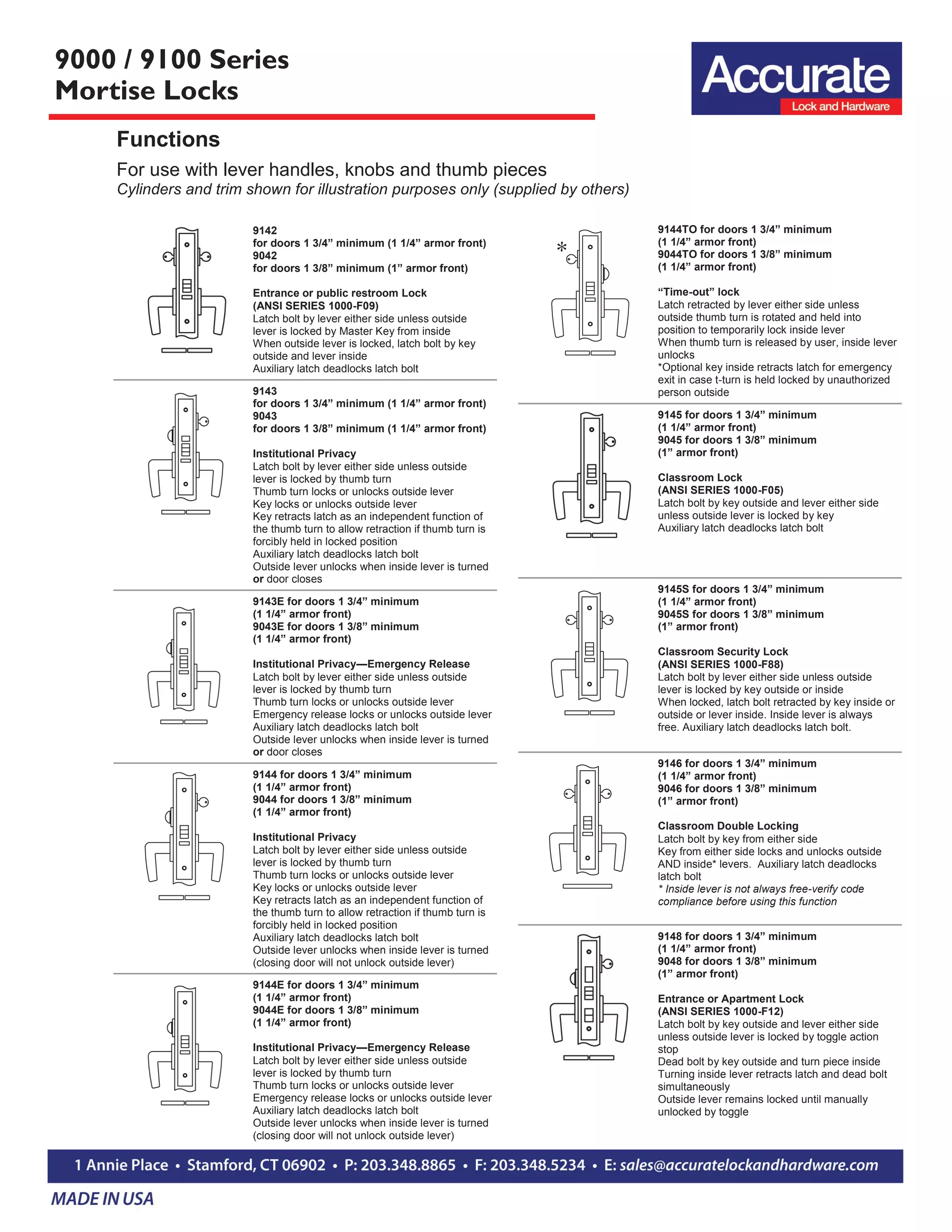 9000 / 9100 Series
Mortise Locks
Functions
For use with lever handles, knobs and thumb pieces
Cylinders and trim shown for illustration purposes only (supplied by others)
9142
for doors 1 3/4” minimum (1 1/4” armor front)
9042
for doors 1 3/8” minimum (1” armor front)
Entrance or public restroom Lock
(ANSI SERIES 1000-F09)
Latch bolt by lever either side unless outside
lever is locked by Master Key from inside
When outside lever is locked, latch bolt by key
outside and lever inside
Auxiliary latch deadlocks latch bolt
9143
for doors 1 3/4” minimum (1 1/4” armor front)
9043
for doors 1 3/8” minimum (1 1/4” armor front)
Institutional Privacy
Latch bolt by lever either side unless outside
lever is locked by thumb turn
Thumb turn locks or unlocks outside lever
Key locks or unlocks outside lever
Key retracts latch as an independent function of
the thumb turn to allow retraction if thumb turn is
forcibly held in locked position
Auxiliary latch deadlocks latch bolt
Outside lever unlocks when inside lever is turned
or door closes
9143E for doors 1 3/4” minimum
(1 1/4” armor front)
9043E for doors 1 3/8” minimum
(1 1/4” armor front)
Institutional Privacy—Emergency Release
Latch bolt by lever either side unless outside
lever is locked by thumb turn
Thumb turn locks or unlocks outside lever
Emergency release locks or unlocks outside lever
Auxiliary latch deadlocks latch bolt
Outside lever unlocks when inside lever is turned
or door closes
9144 for doors 1 3/4” minimum
(1 1/4” armor front)
9044 for doors 1 3/8” minimum
(1 1/4” armor front)
Institutional Privacy
Latch bolt by lever either side unless outside
lever is locked by thumb turn
Thumb turn locks or unlocks outside lever
Key locks or unlocks outside lever
Key retracts latch as an independent function of
the thumb turn to allow retraction if thumb turn is
forcibly held in locked position
Auxiliary latch deadlocks latch bolt
Outside lever unlocks when inside lever is turned
(closing door will not unlock outside lever)
9144E for doors 1 3/4” minimum
(1 1/4” armor front)
9044E for doors 1 3/8” minimum
(1 1/4” armor front)
Institutional Privacy—Emergency Release
Latch bolt by lever either side unless outside
lever is locked by thumb turn
Thumb turn locks or unlocks outside lever
Emergency release locks or unlocks outside lever
Auxiliary latch deadlocks latch bolt
Outside lever unlocks when inside lever is turned
(closing door will not unlock outside lever)
9144TO for doors 1 3/4” minimum
(1 1/4” armor front)
9044TO for doors 1 3/8” minimum
(1 1/4” armor front)
“Time-out” lock
Latch retracted by lever either side unless
outside thumb turn is rotated and held into
position to temporarily lock inside lever
When thumb turn is released by user, inside lever
unlocks
*Optional key inside retracts latch for emergency
exit in case t-turn is held locked by unauthorized
person outside
9145 for doors 1 3/4” minimum
(1 1/4” armor front)
9045 for doors 1 3/8” minimum
(1” armor front)
Classroom Lock
(ANSI SERIES 1000-F05)
Latch bolt by key outside and lever either side
unless outside lever is locked by key
Auxiliary latch deadlocks latch bolt
9145S for doors 1 3/4” minimum
(1 1/4” armor front)
9045S for doors 1 3/8” minimum
(1” armor front)
Classroom Security Lock
(ANSI SERIES 1000-F88)
Latch bolt by lever either side unless outside
lever is locked by key outside or inside
When locked, latch bolt retracted by key inside or
outside or lever inside. Inside lever is always
free. Auxiliary latch deadlocks latch bolt.
9146 for doors 1 3/4” minimum
(1 1/4” armor front)
9046 for doors 1 3/8” minimum
(1” armor front)
Classroom Double Locking
Latch bolt by key from either side
Key from either side locks and unlocks outside
AND inside* levers. Auxiliary latch deadlocks
latch bolt
* Inside lever is not always free-verify code
compliance before using this function
9148 for doors 1 3/4” minimum
(1 1/4” armor front)
9048 for doors 1 3/8” minimum
(1” armor front)
Entrance or Apartment Lock
(ANSI SERIES 1000-F12)
Latch bolt by key outside and lever either side
unless outside lever is locked by toggle action
stop
Dead bolt by key outside and turn piece inside
Turning inside lever retracts latch and dead bolt
simultaneously
Outside lever remains locked until manually
unlocked by toggle
 