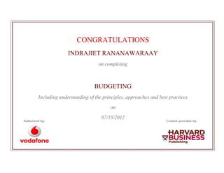 CONGRATULATIONS
INDRAJIET RANANAWARAAY
on completing
BUDGETING
Including understanding of the principles, approaches and best practices
on
07/15/2012
 