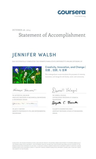 coursera.org
Statement of Accomplishment
OCTOBER 06, 2014
JENNIFER WALSH
HAS SUCCESSFULLY COMPLETED THE PENNSYLVANIA STATE UNIVERSITY'S ONLINE OFFERING OF
Creativity, Innovation, and Change |
创意，创新, 与 变革
This undergraduate course introduces the processes of creativity,
innovation, and change for self, family, career, and community.
DR. KATHRYN W. JABLOKOW
ASSOCIATE PROFESSOR OF MECHANICAL ENGINEERING
& ENGINEERING DESIGN
DR. DARRELL VELEGOL
DISTINGUISHED PROFESSOR OF CHEMICAL
ENGINEERING
DR. JACK V. MATSON
EMERITUS PROFESSOR OF CIVIL AND ENVIRONMENTAL
ENGINEERING
ELIZABETH KISENWETHER, MSEE
ASSISTANT PROFESSOR, SCHOOL OF ENGINEERING
DESIGN
PLEASE NOTE: THE ONLINE OFFERING OF THIS CLASS DOES NOT REFLECT THE ENTIRE CURRICULUM OFFERED TO STUDENTS ENROLLED AT
THE PENNSYLVANIA STATE UNIVERSITY. THIS STATEMENT DOES NOT AFFIRM THAT THIS STUDENT WAS ENROLLED AS A STUDENT AT THE
PENNSYLVANIA STATE UNIVERSITY IN ANY WAY. IT DOES NOT CONFER A PENNSYLVANIA STATE UNIVERSITY GRADE; IT DOES NOT CONFER
PENNSYLVANIA STATE UNIVERSITY CREDIT; IT DOES NOT CONFER A PENNSYLVANIA STATE UNIVERSITY DEGREE; AND IT DOES NOT VERIFY
THE IDENTITY OF THE STUDENT.
 